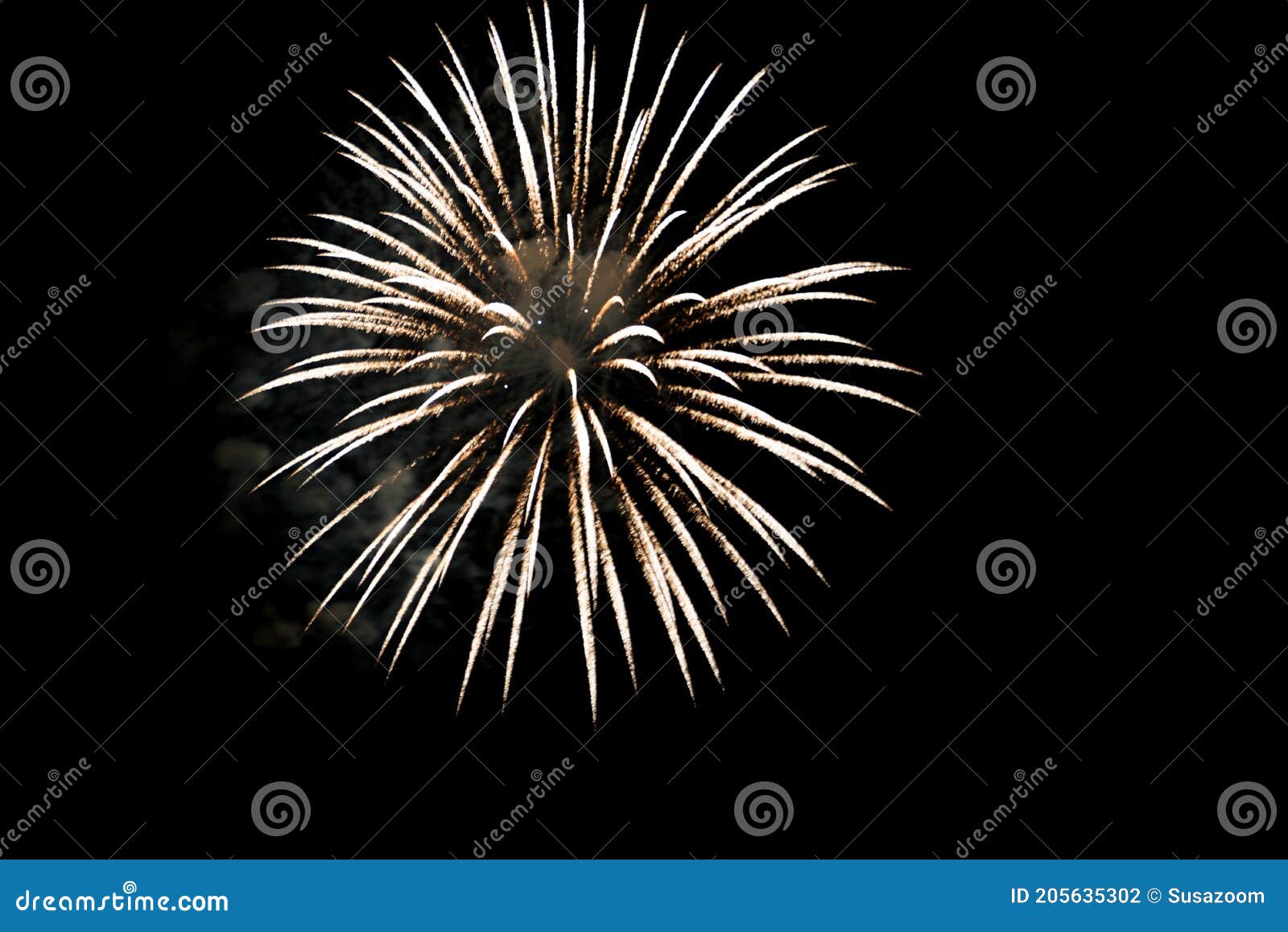 exploding firework rocket with white stripes, black nightly sky with copy space, silvester midnight