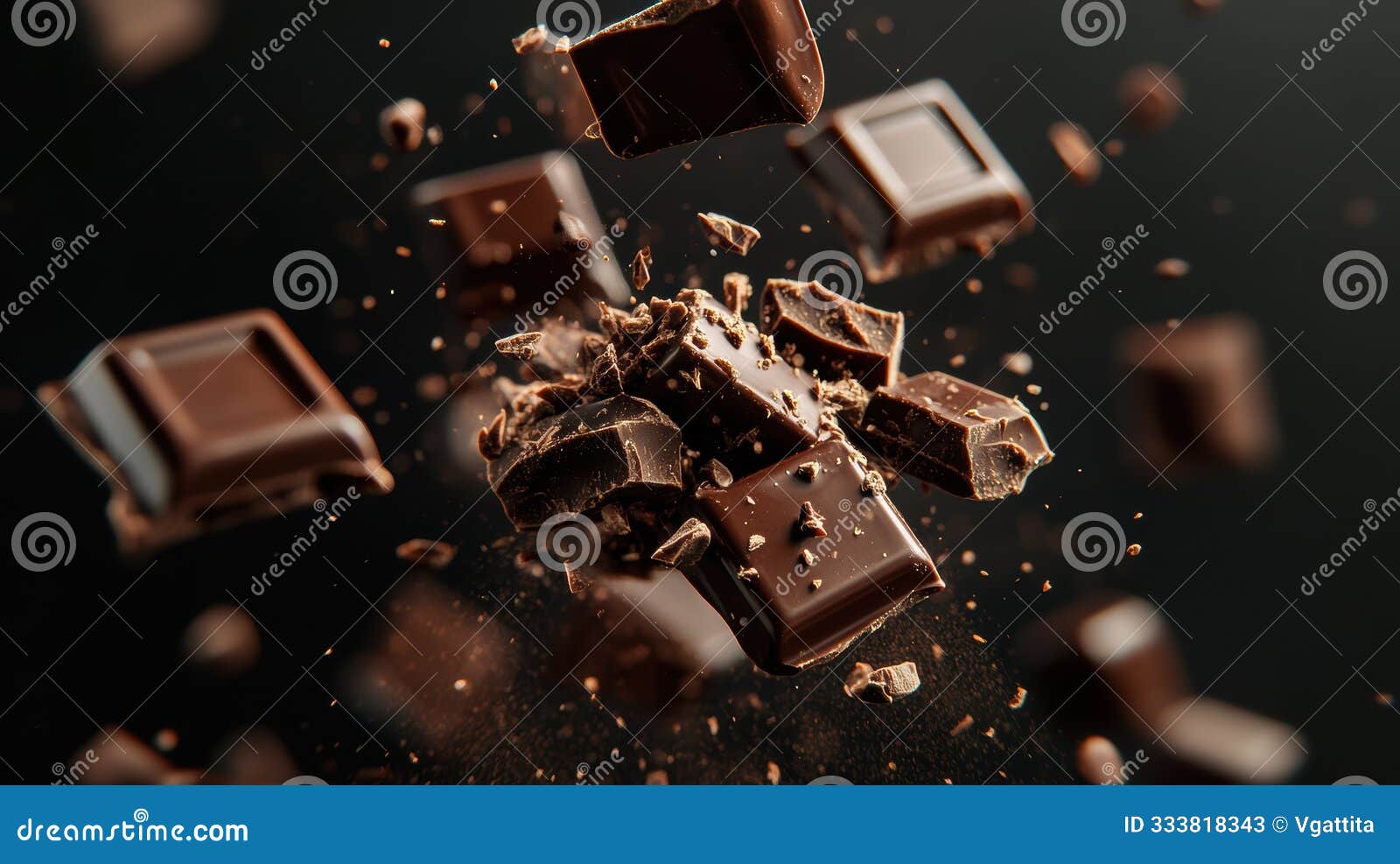 exploding pieces of dark chocolate in mid-air, capturing the rich texture and decadent breakage of chocolate chunks