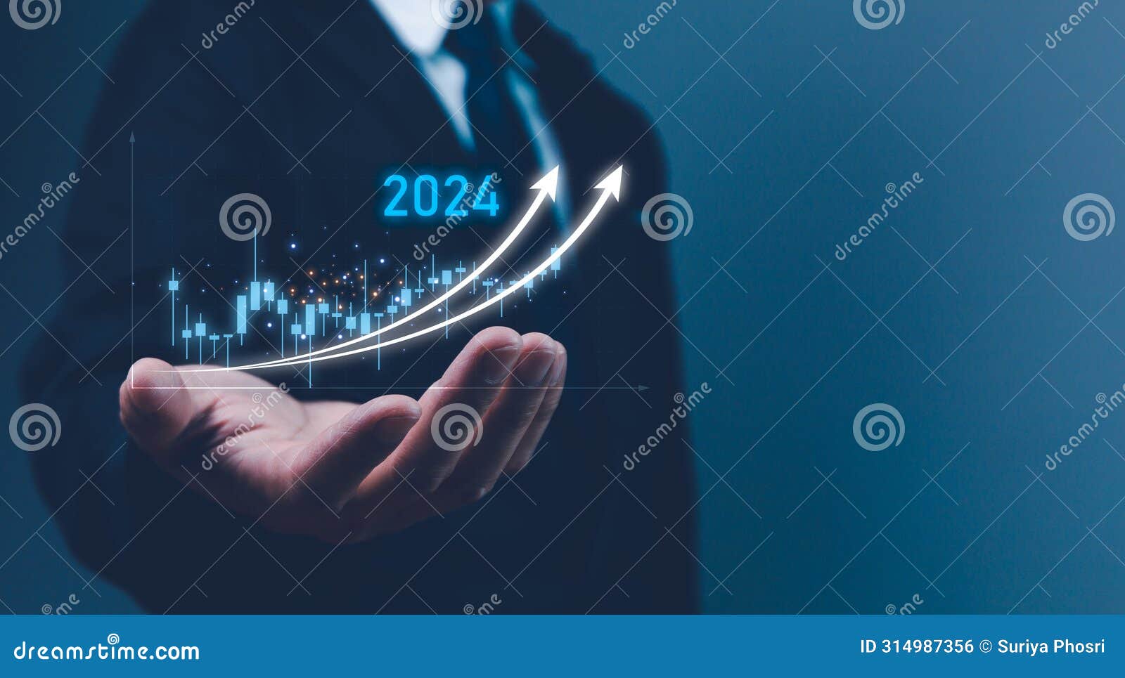explore the future of finance. virtual screenshot of the economic outlook, stocks, and trading markets for 2024. man displays