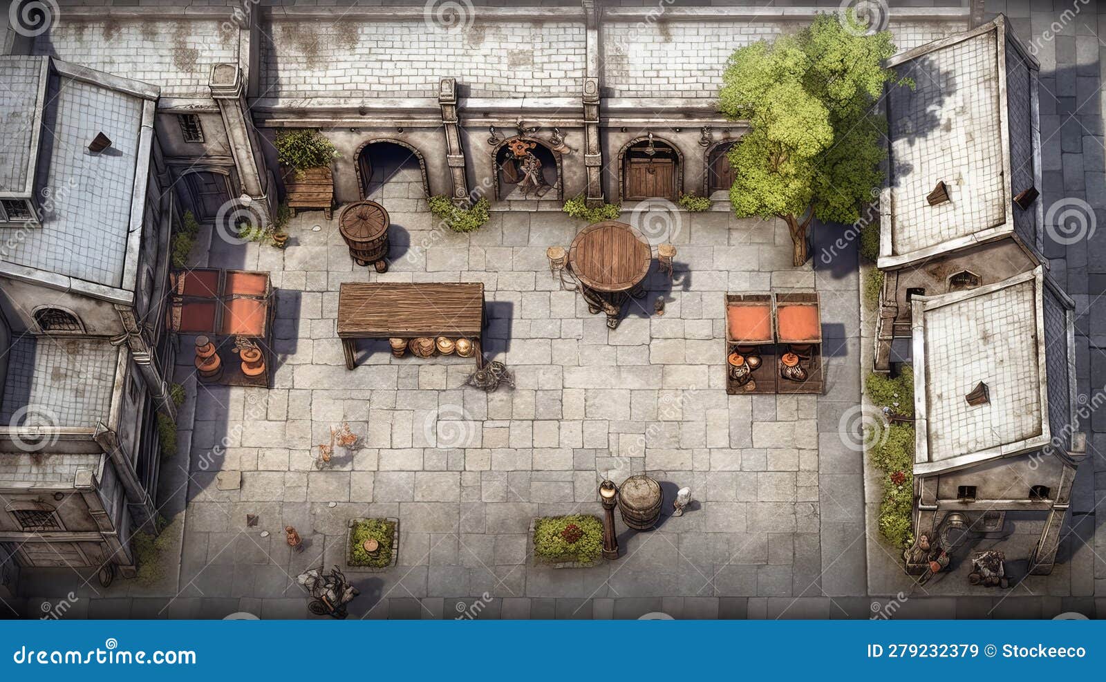 conurbation battlemap of small city street with marketplace