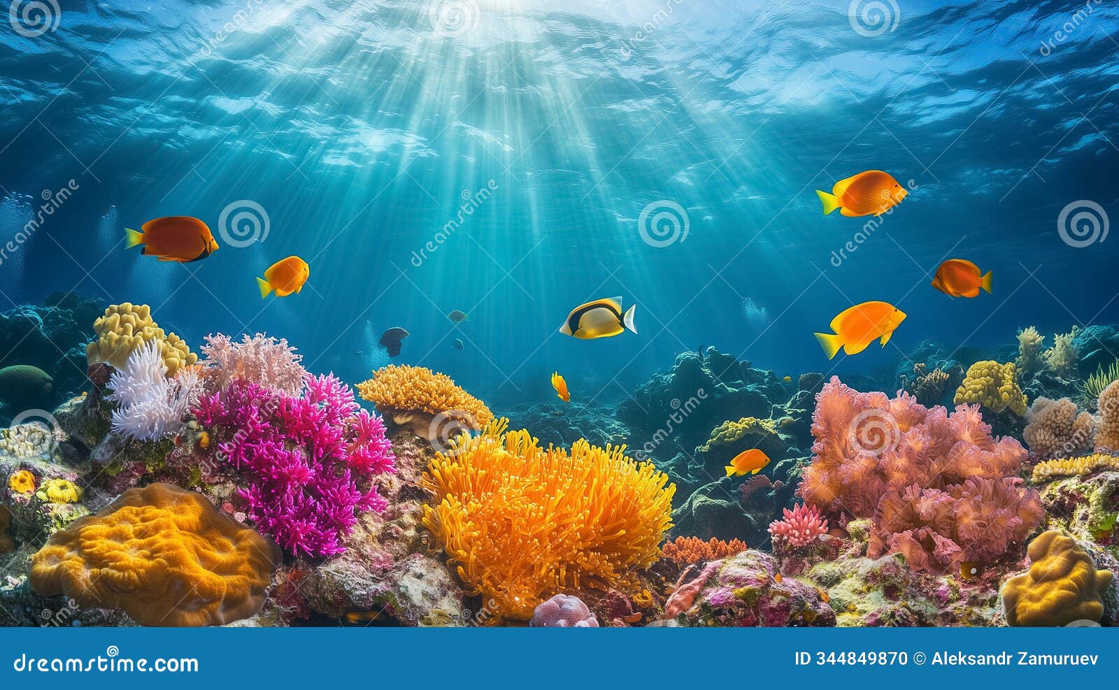 explore a lively coral reef filled with diverse fish and dazzling colors beneath the ocean's serene surface