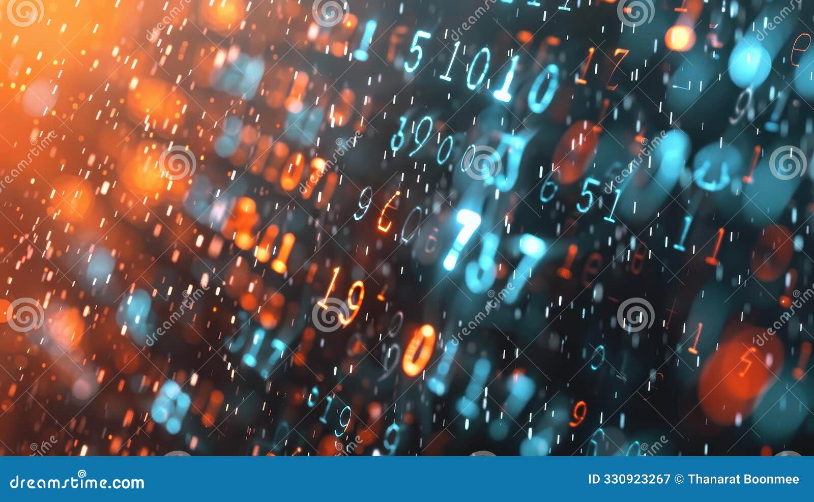 explore the mesmerizing dance of digital binary code illuminated by glowing blue lights against a dark backdrop