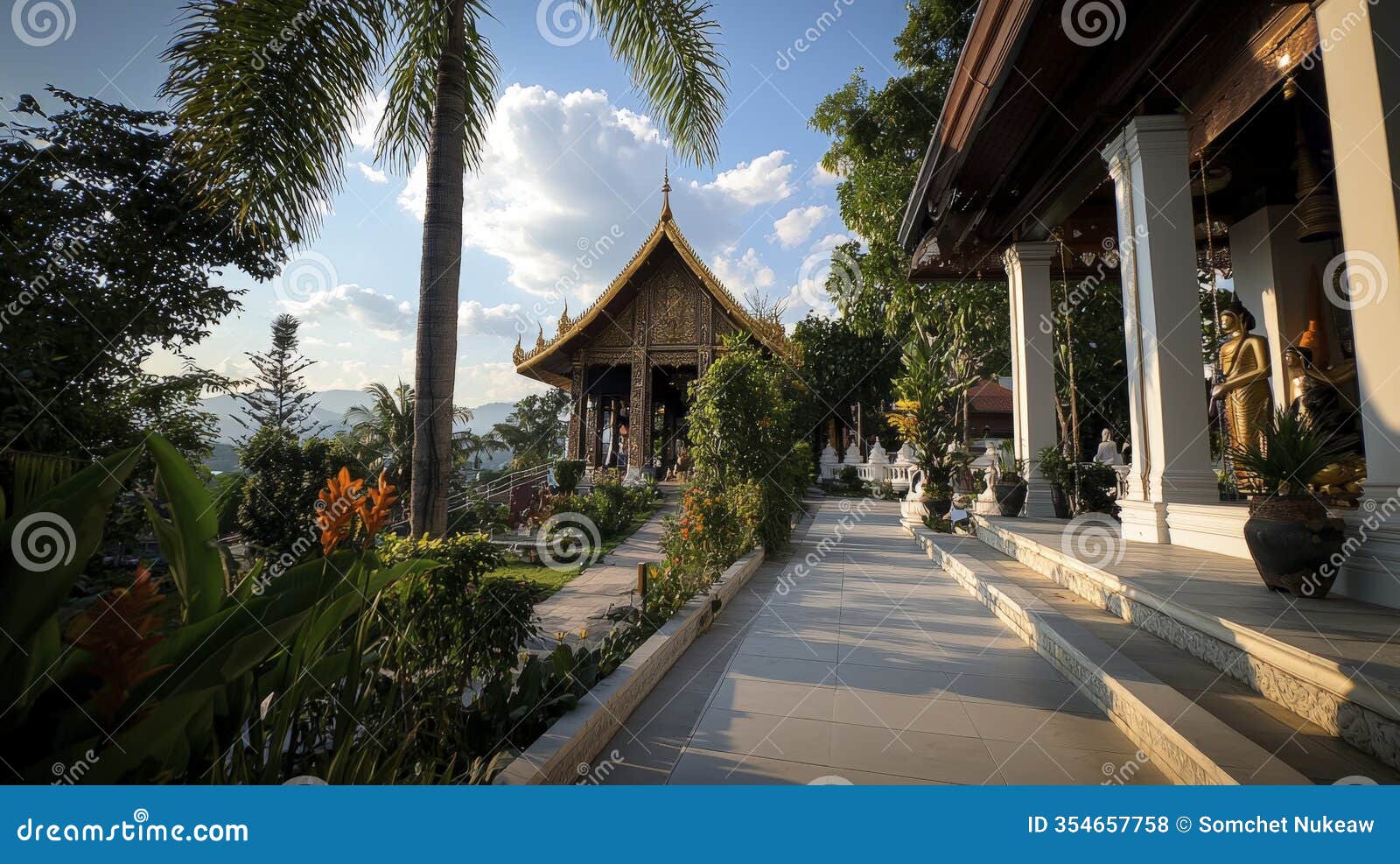 tranquil temple walk wat sawang arom scenic photography lush landscape serene viewpoint cultural reflection