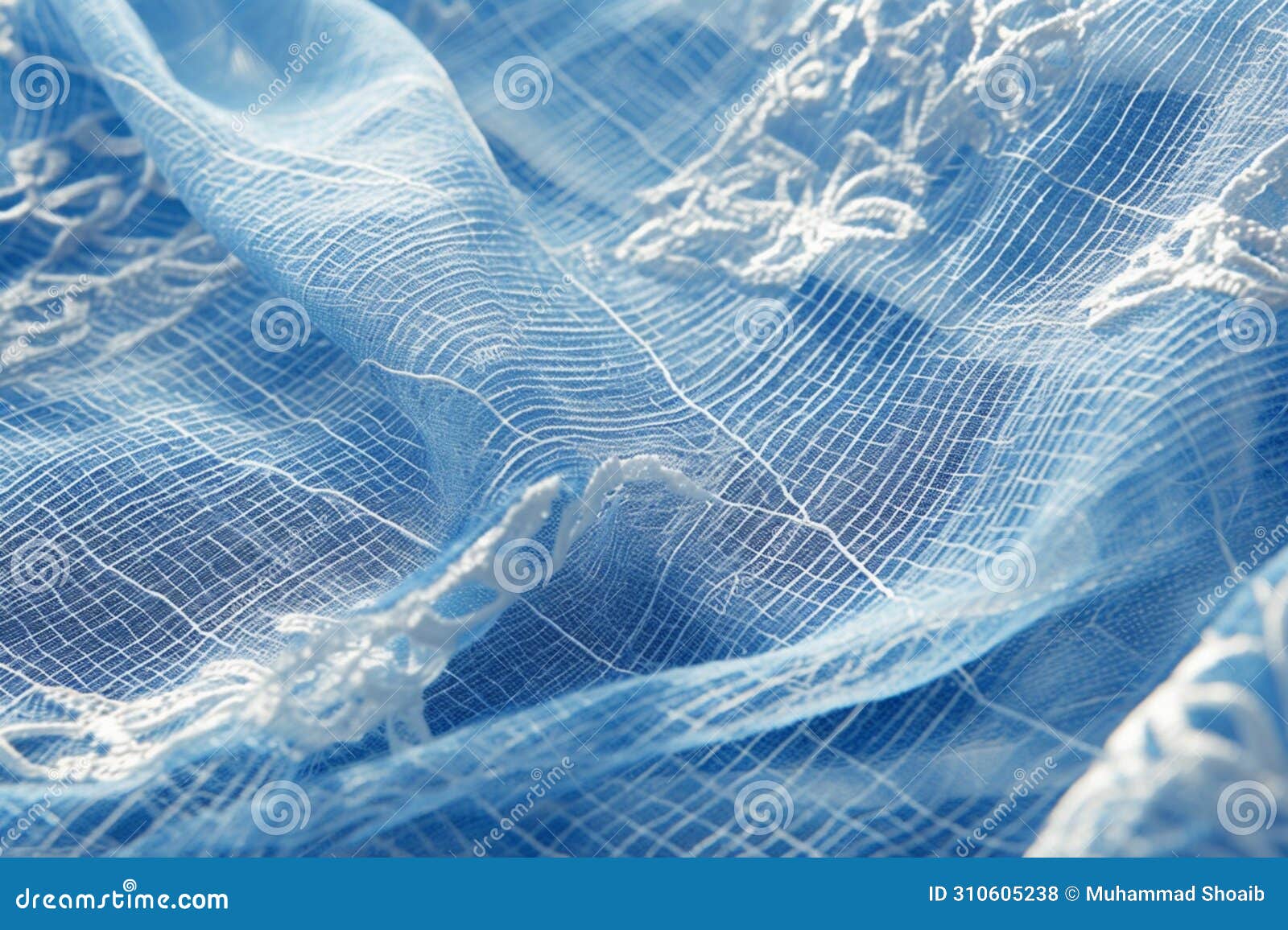 explore the texture of blue netting with delicate white adornments