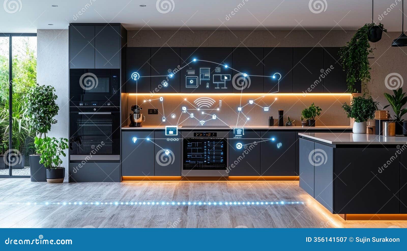 exploring the future of interior technology in a modern kitchen illuminated by connected lighting systems