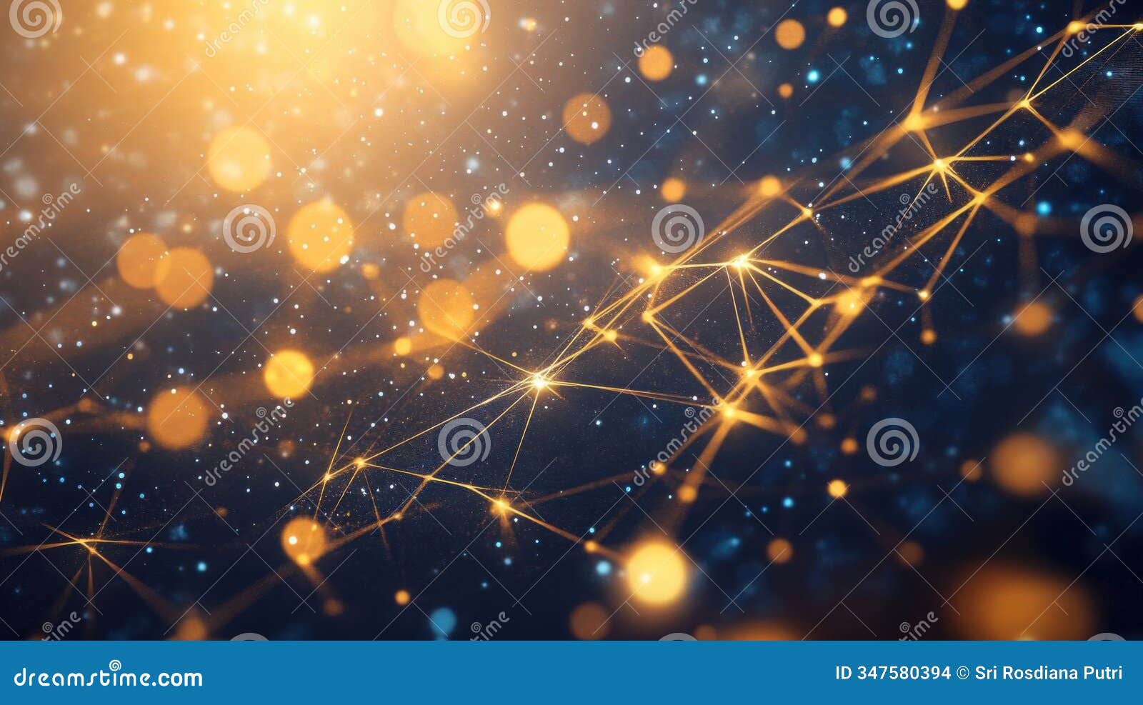 exploring network connections, a visual journey into abstract digital worlds, illuminated by golden nodes and stard