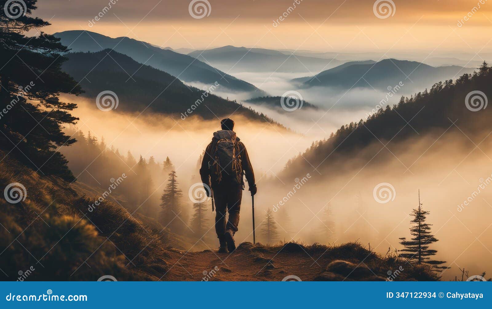exploring a serene mountain path at dawn