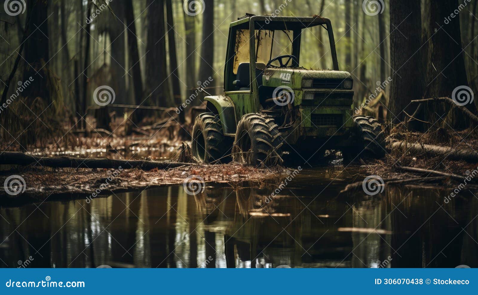 exploring urban culture: green tractor in swamp