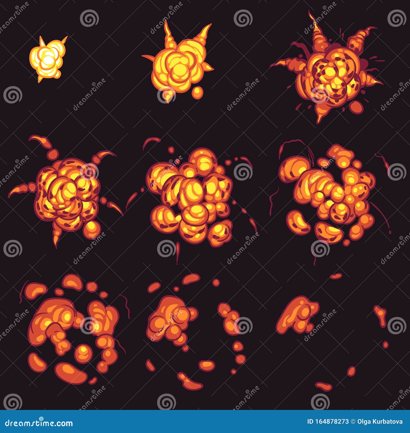 explosion animation. cartoon bang bomb flame frames, flash fire with smoke effect storyboard comics gaming bombing