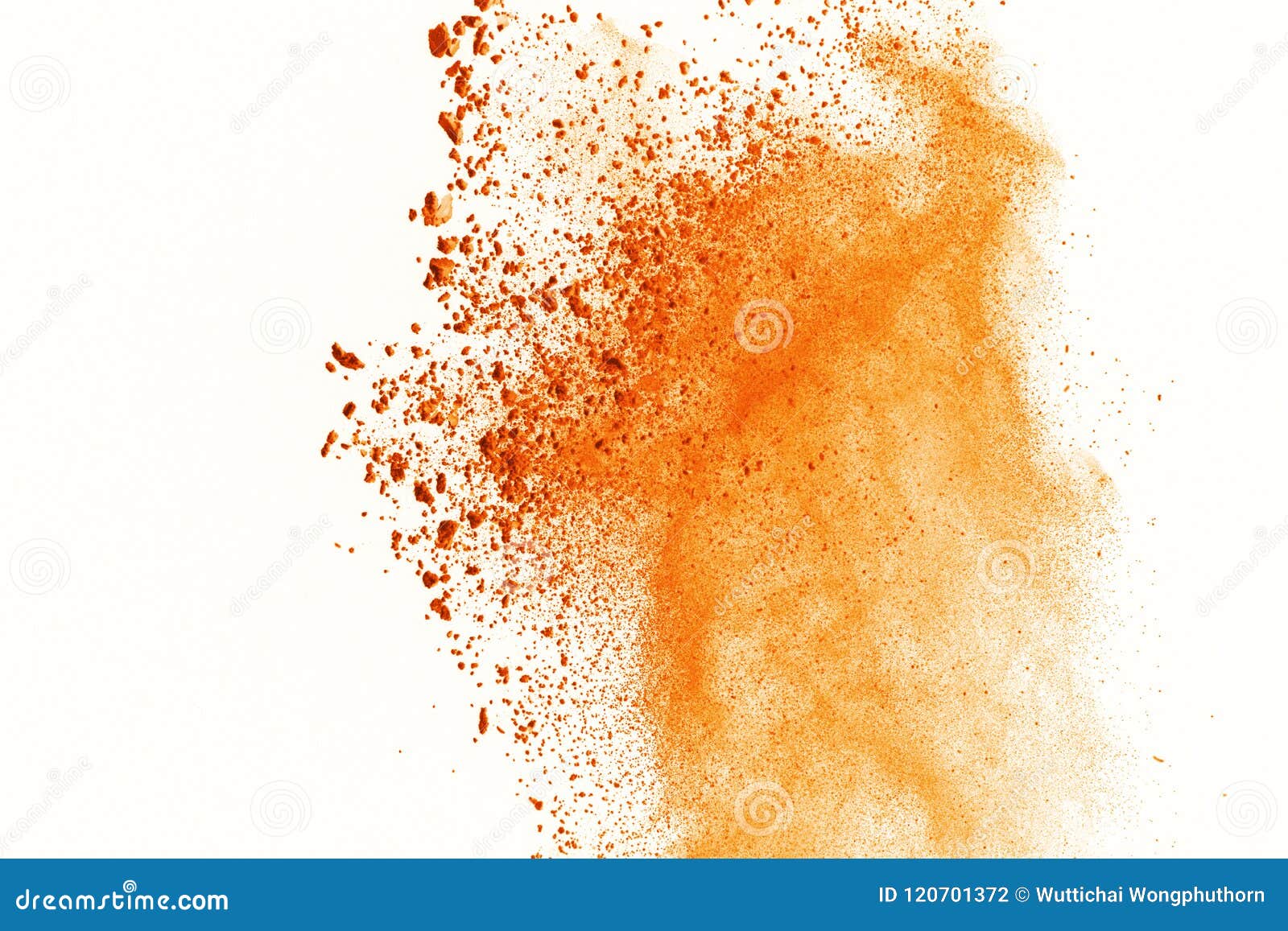 Explosion of Colored Powder on White Background. Orange Colored Stock