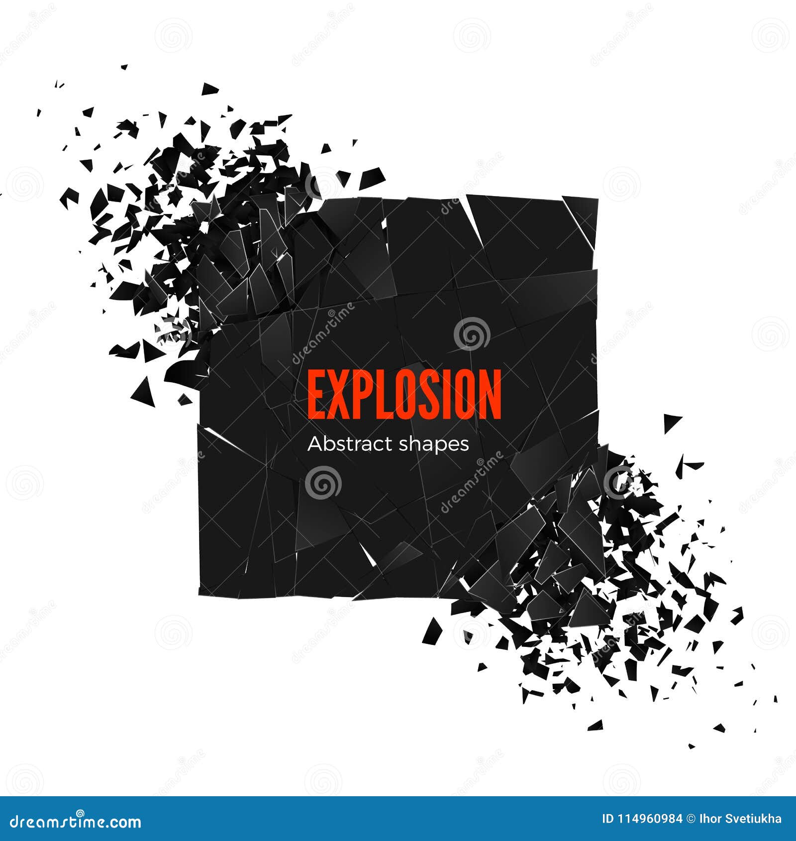 explosion and fragmentation black square.    on white background