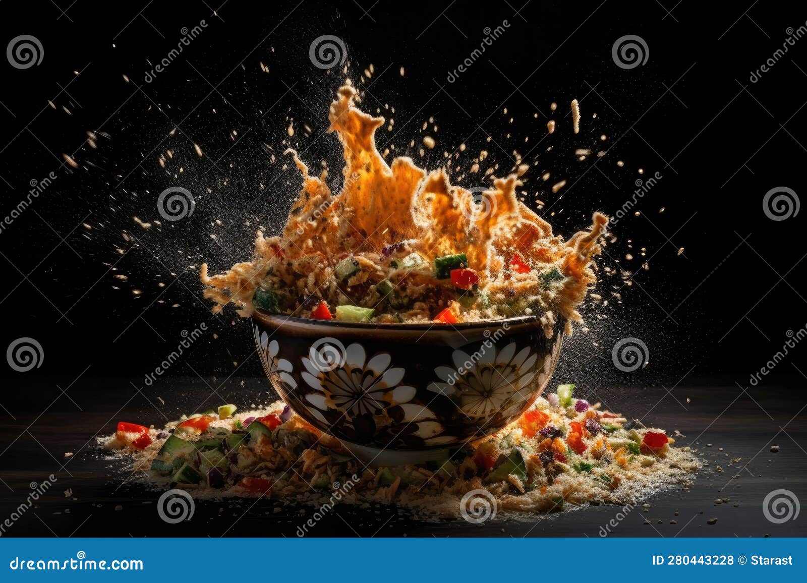 Explosion of Taste, Food Explodes and Scatters, Cooking Concept, AI