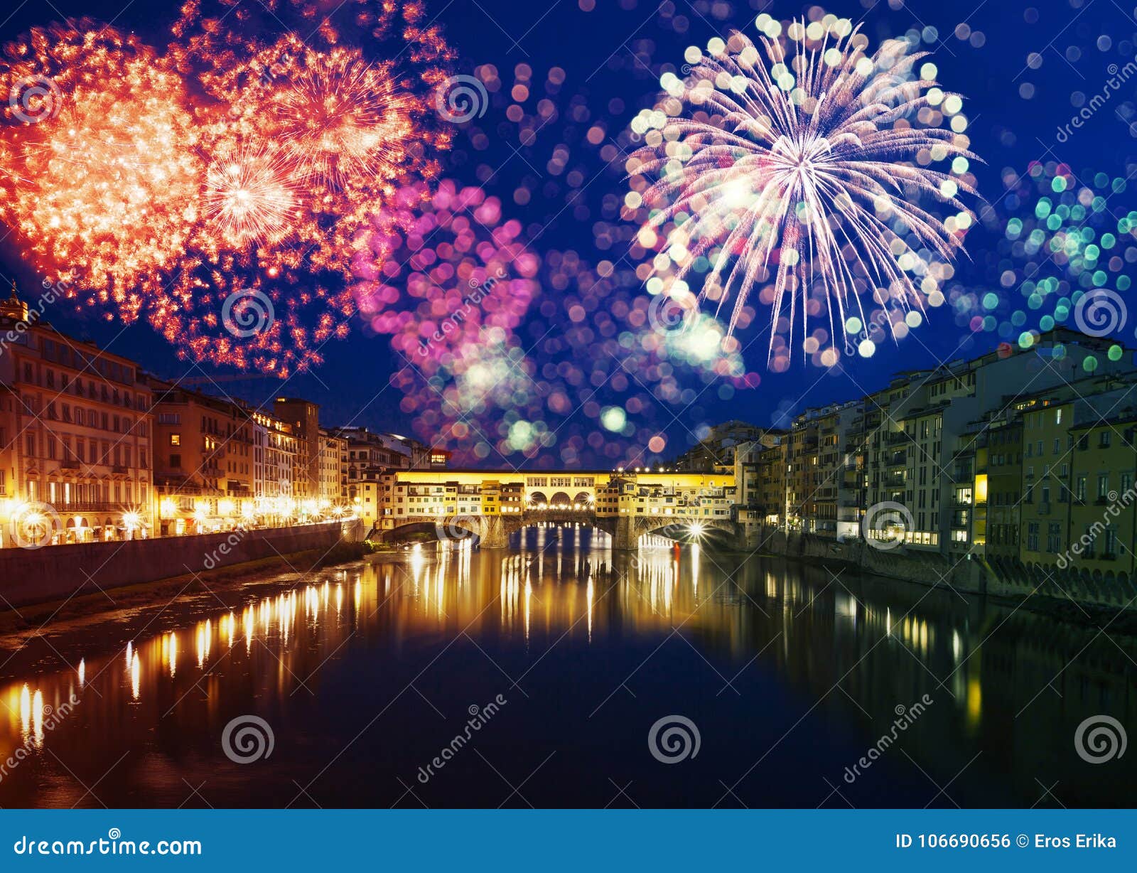 Florence with Fireworks Celebrating New Year in the City Stock Photo