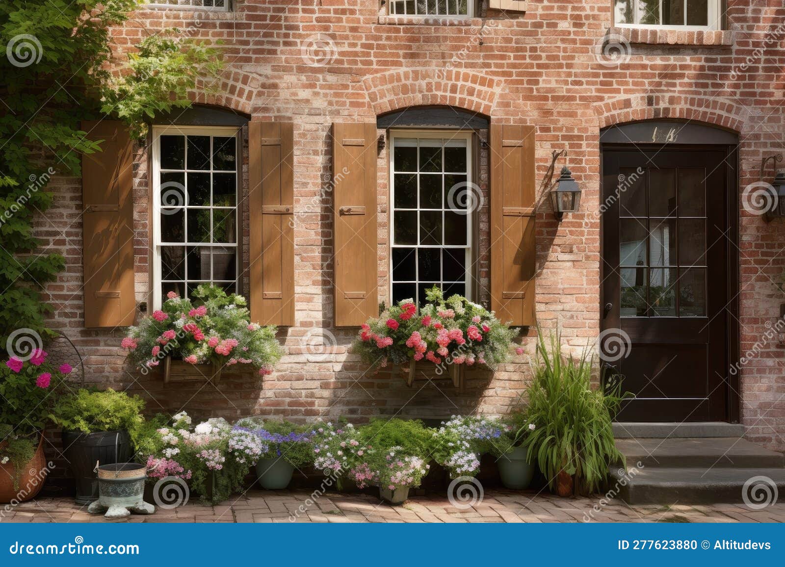 Exposed Brick Exterior with Traditional Shutters and Hanging Baskets in