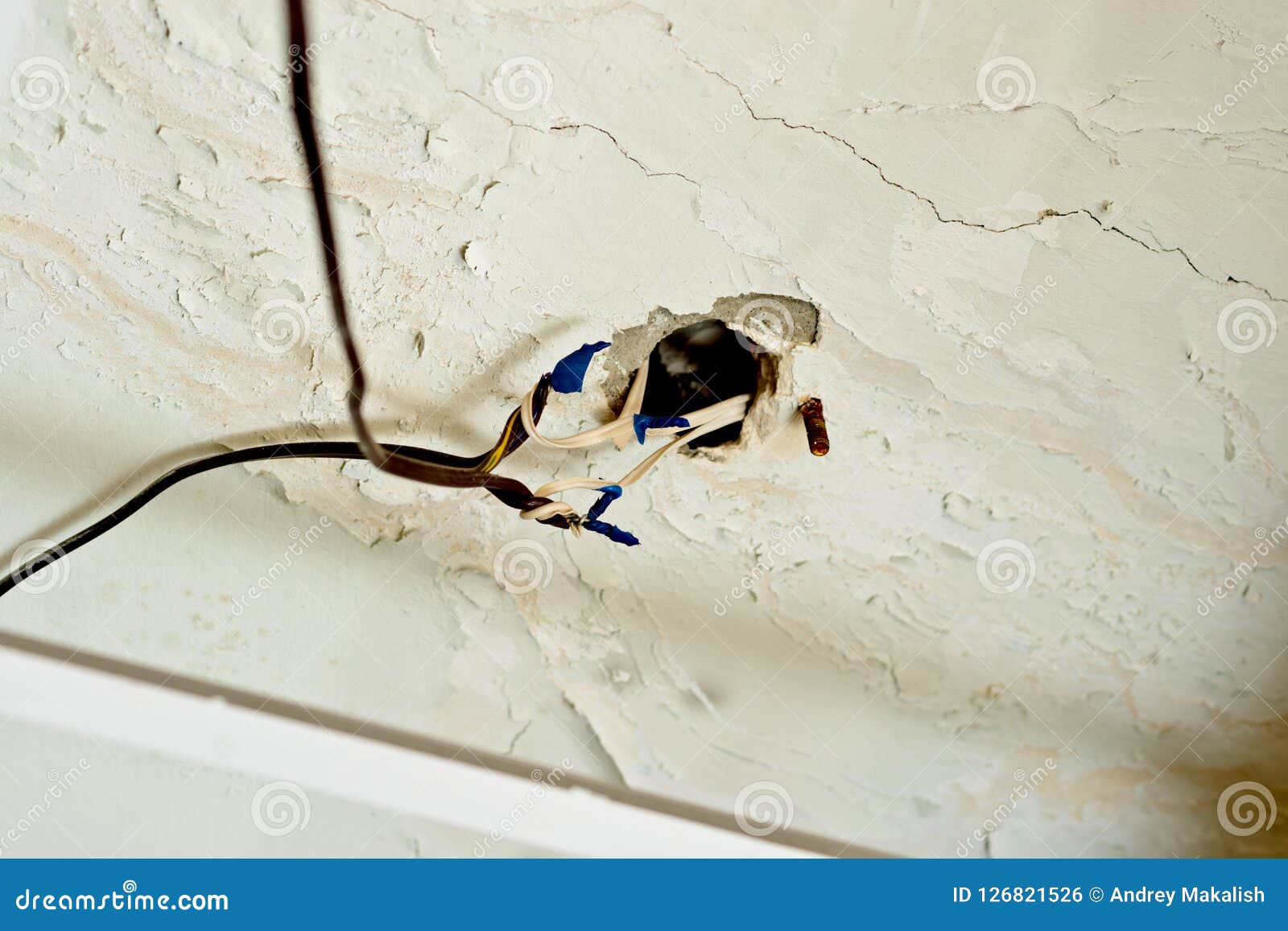 Old, Unsafe Wiring in the Apartment. Safety Violation Stock Photo