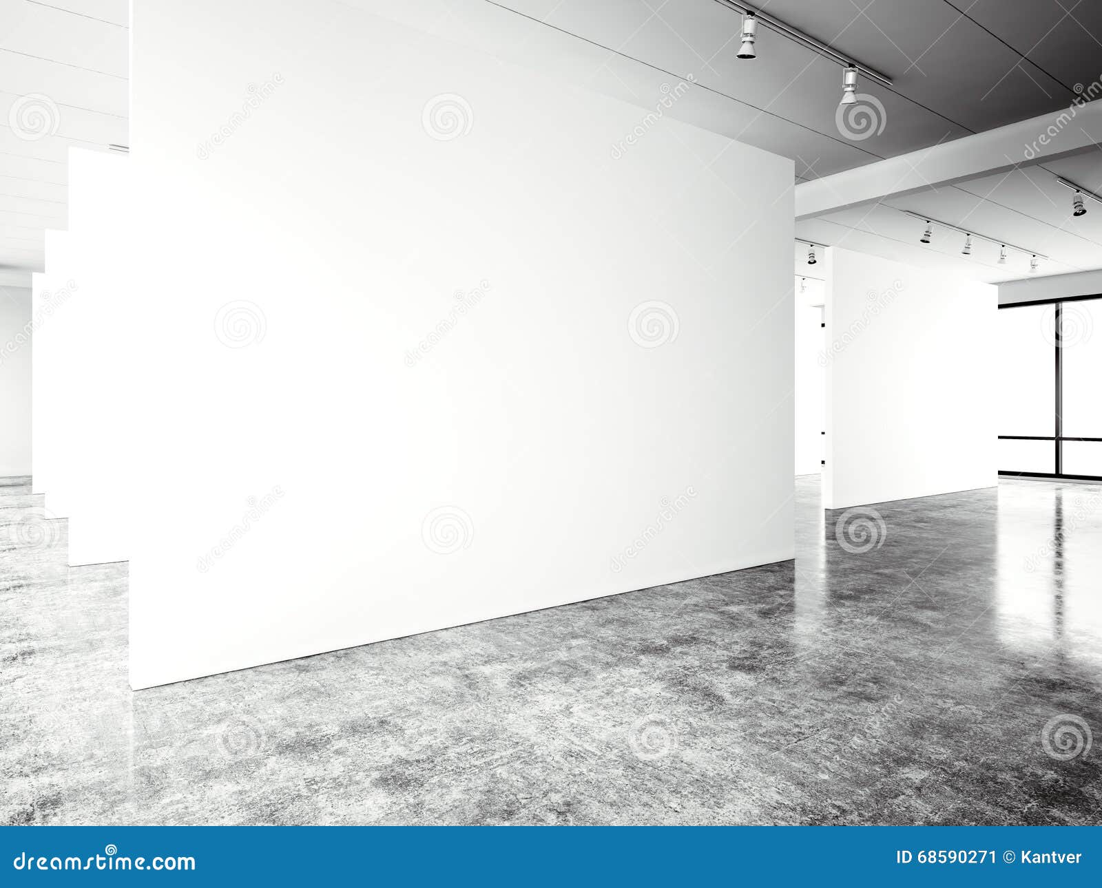 Exposition modern gallery,open space. Blank white empty canvas contemporary industrial place.Simply interior loft style with concrete floor,panoramic windows