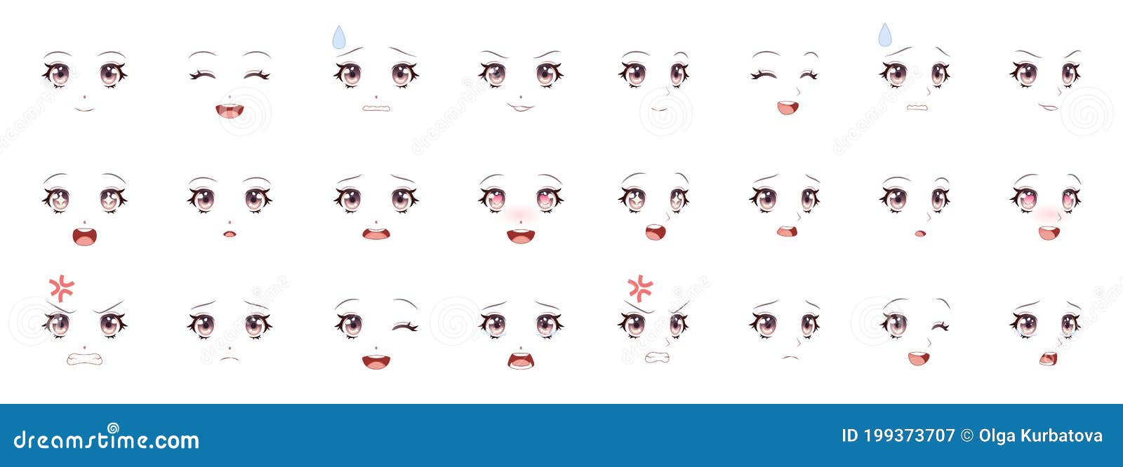 Expressão De Manga Olhos De Menina, Boca, Sobrancelhas Mulheres Caras  Caráter Feminino No Cartoon Japonês Ou Kawaii Coreano Ilustração do Vetor -  Ilustração de felicidade, estilo: 199373707