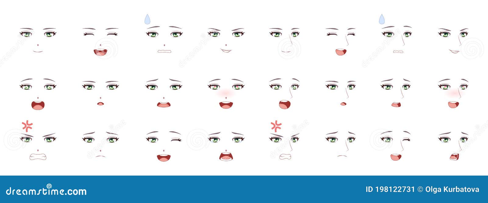 Expressão Manga Rostos Animados De Emoções Humanas Olhos, Boca E  Sobrancelhas Japonesas Ou Coreanas Personagens Do Estilo Asiátic Ilustração  do Vetor - Ilustração de olhos, homem: 198122731