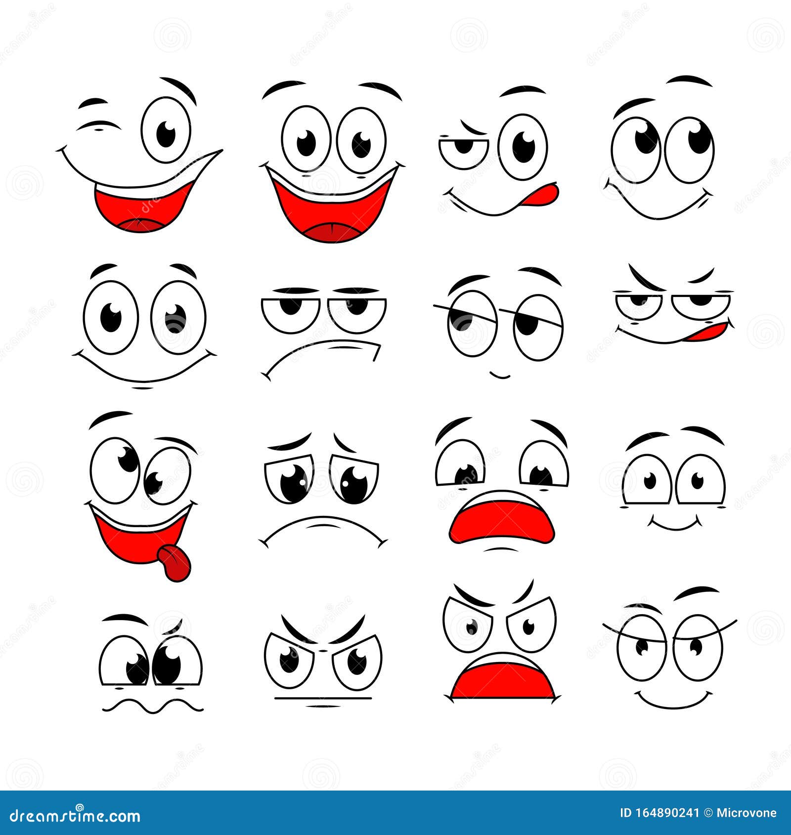 rostos de desenhos animados. boca e olhos expressivos, sorriso, choro e  expressões faciais de personagens surpresos. emoções em quadrinhos da  caricatura ou doodle emoticon. conjunto de ícones de ilustração vetorial  isolado 3498645