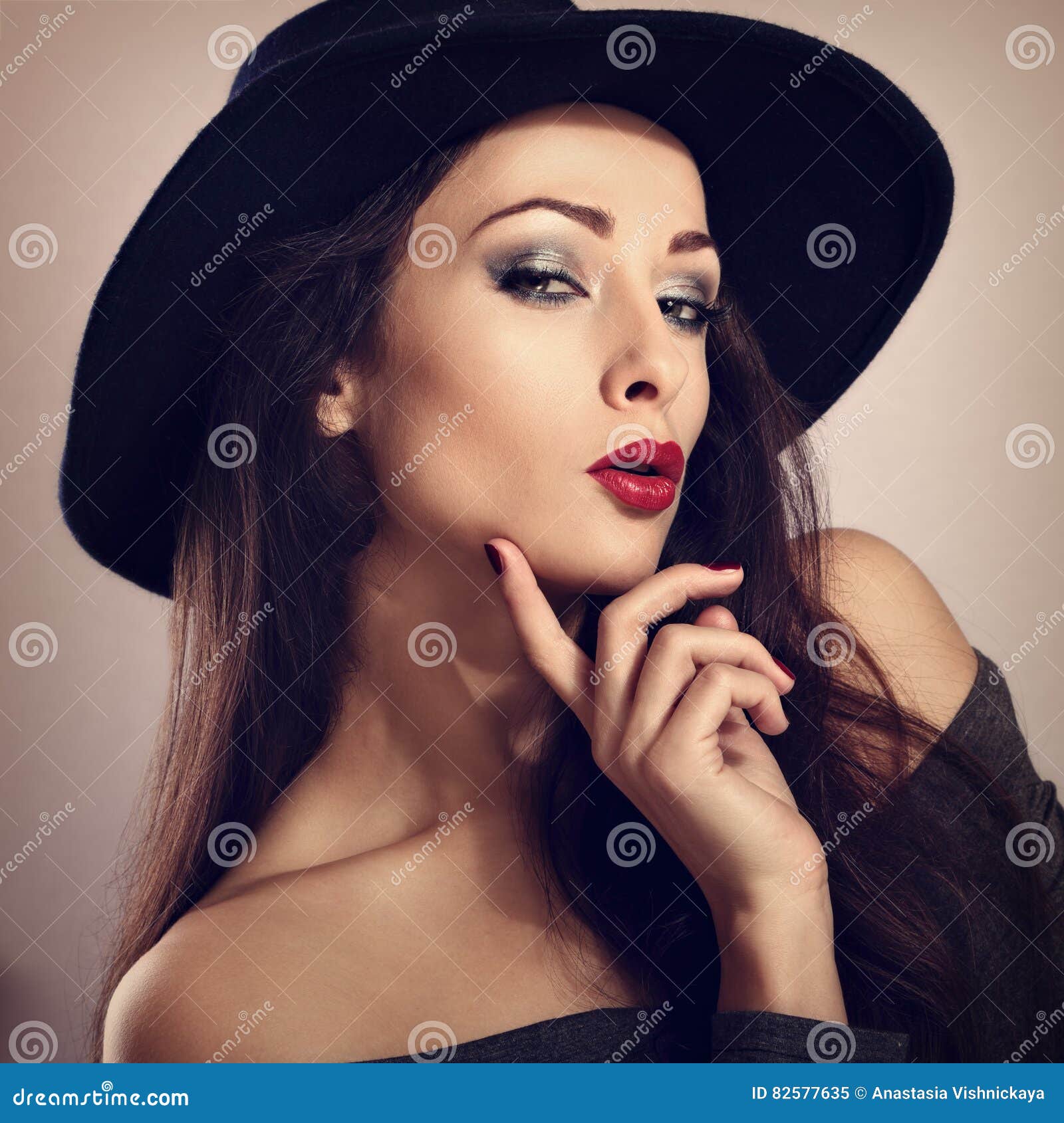 Expressive Female Model with Bright Makeup and Red Lipstick, Man Stock ...