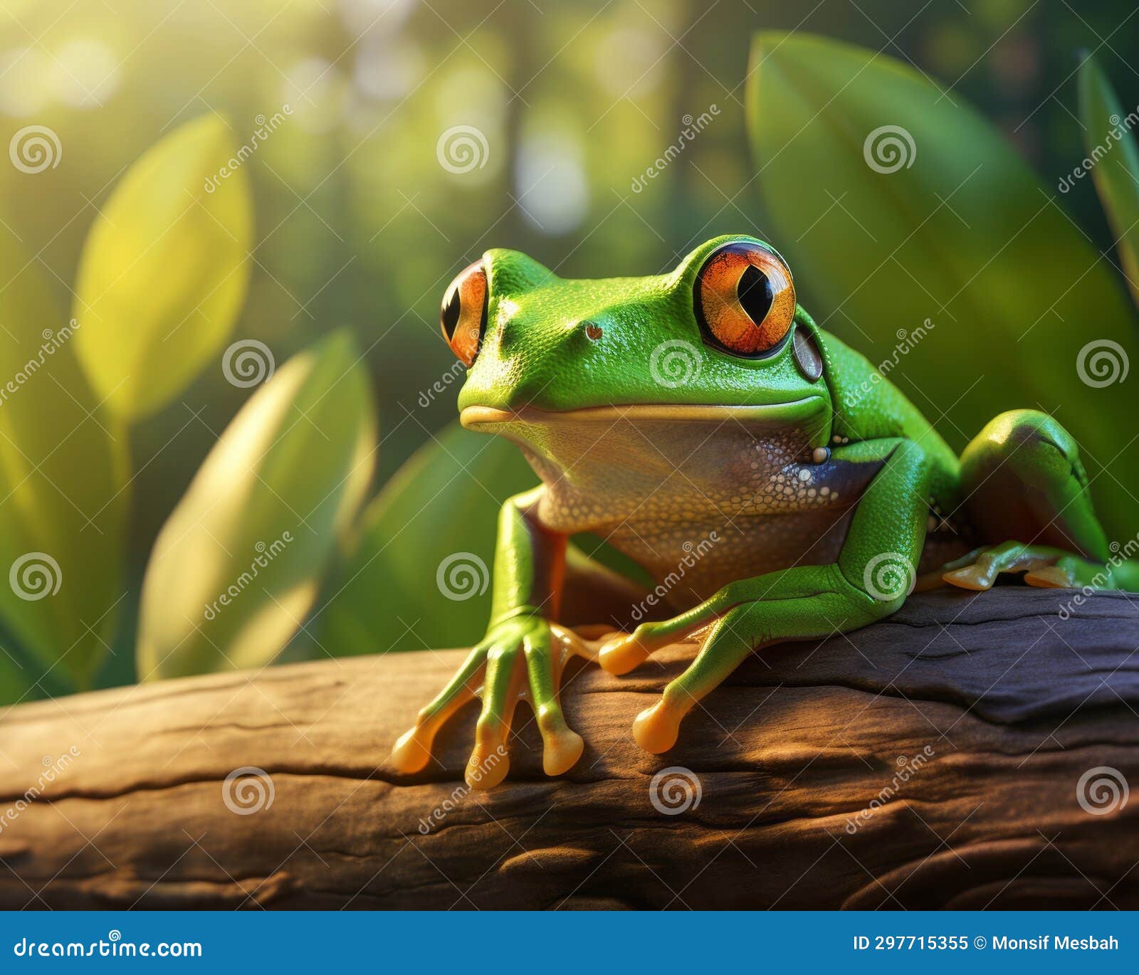 Exquisite Capture: Vibrant Green Tree Frog in Its Natural Habitat Stock
