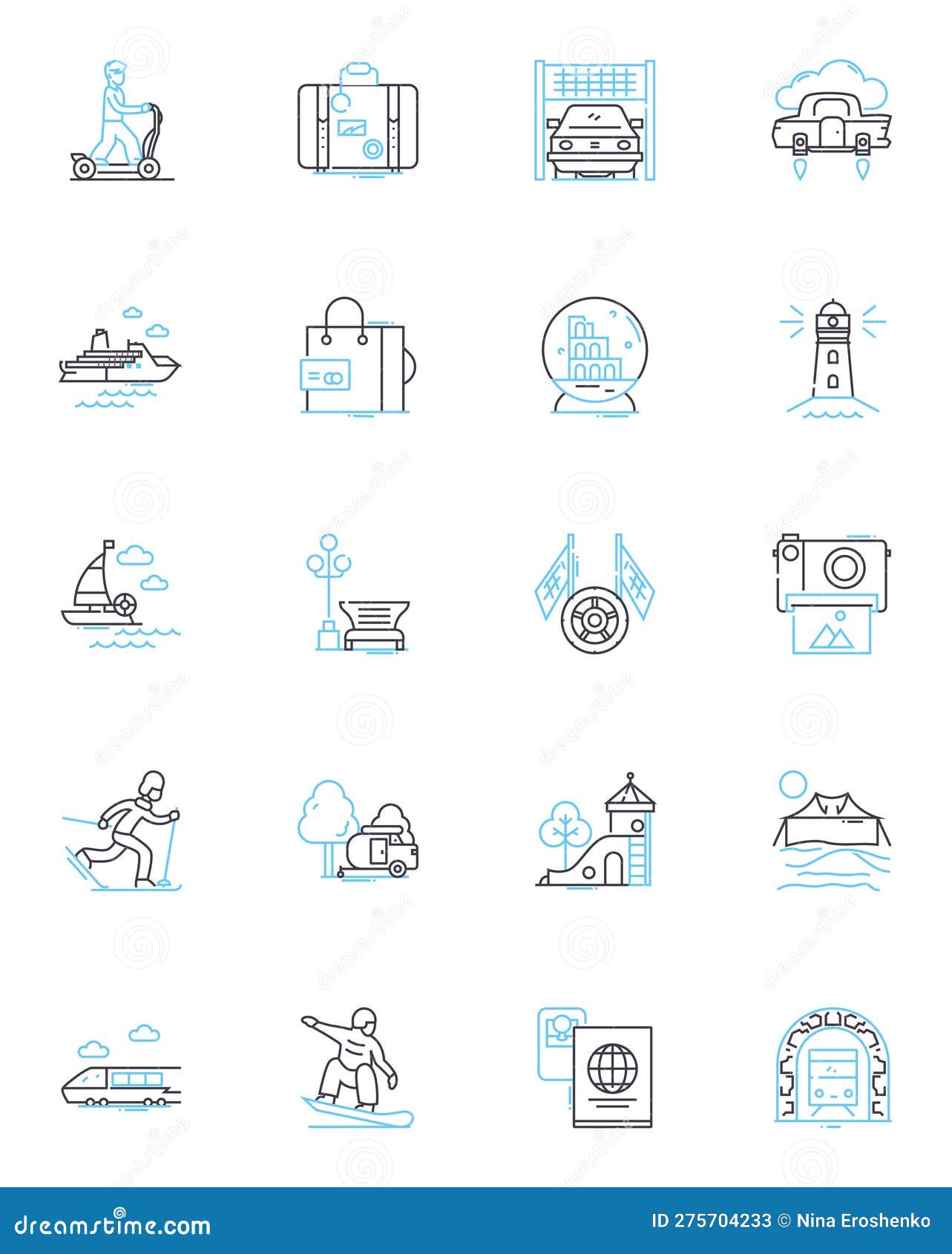 extensive trip linear icons set. expedition, journey, traverse, odyssey, safari, adventure, excursion line  and