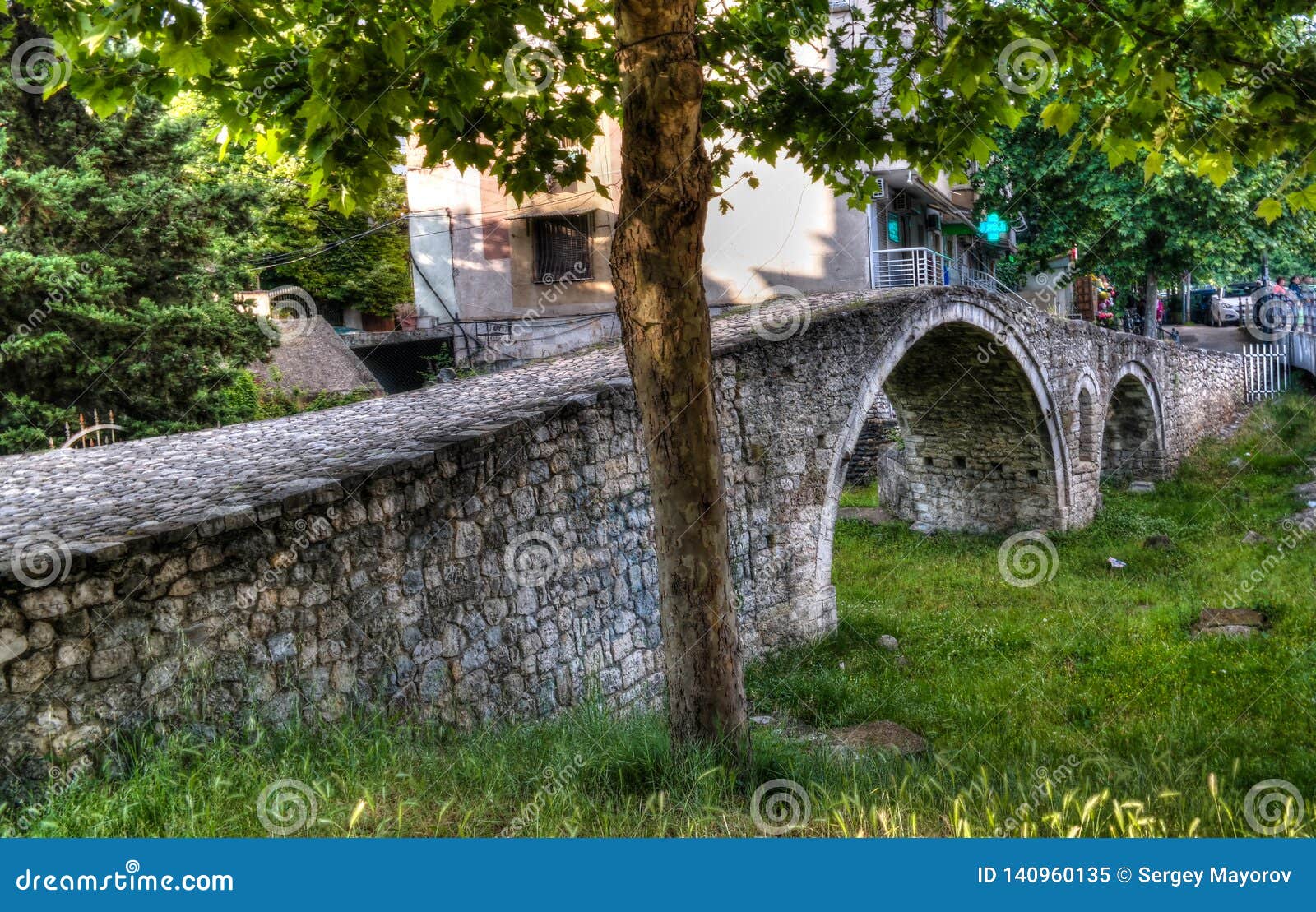 exterioir view to tanners bridge near lana river, tirana, albania