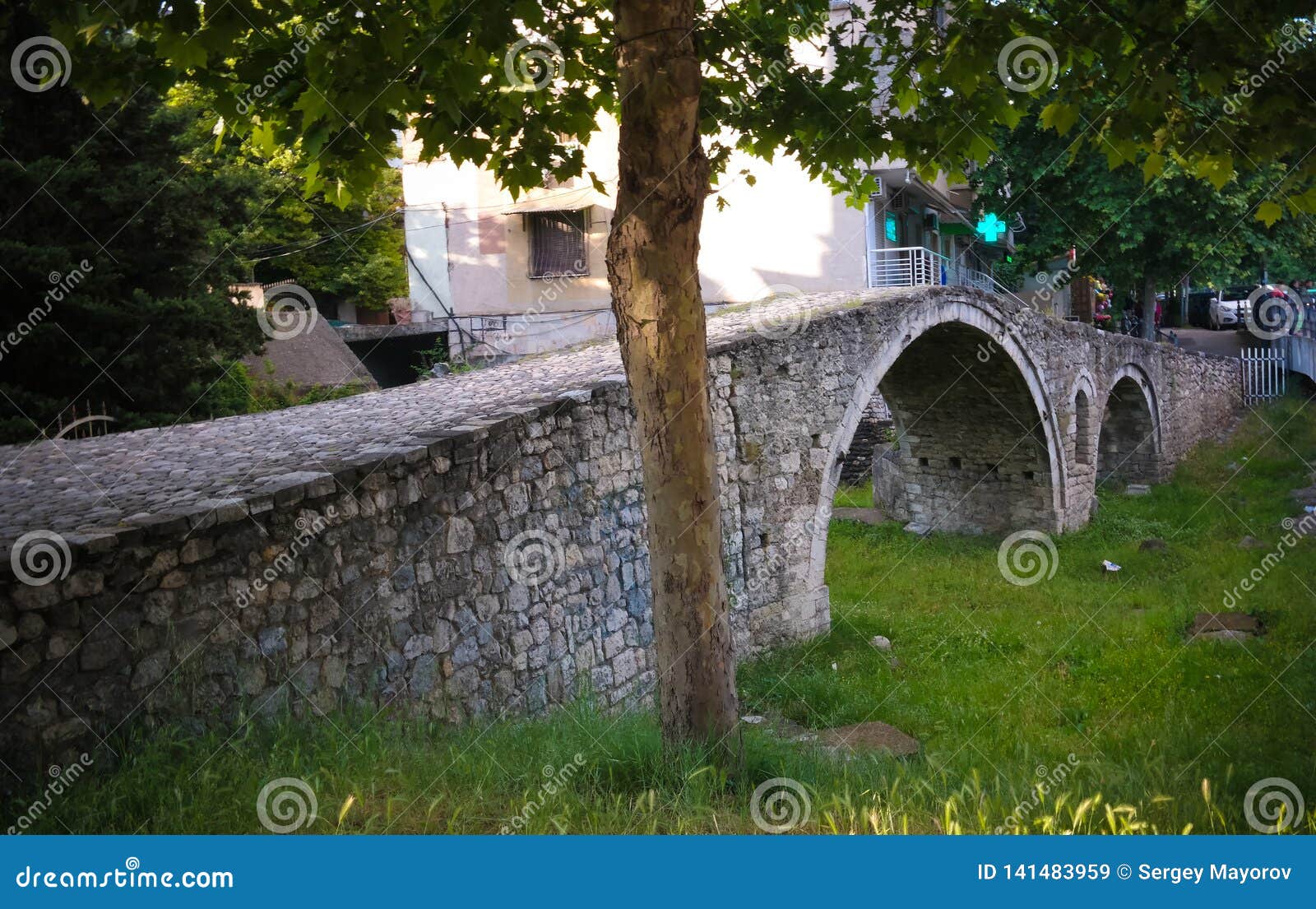 exterioir view to tanners bridge near lana river, tirana, albania