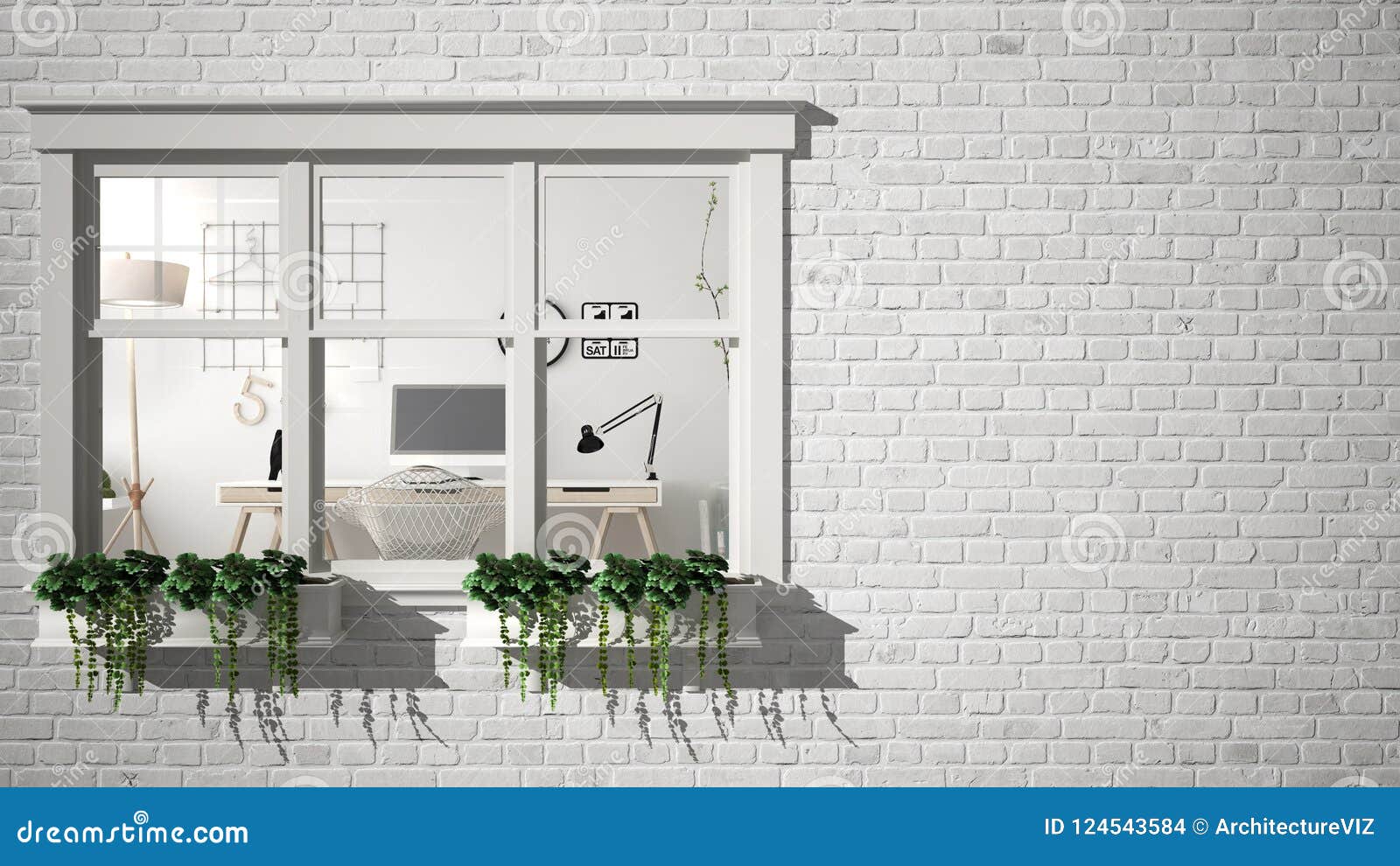 exterior brick wall with white window with potted plant, showing interior home workplace, blank background with copy space, archit
