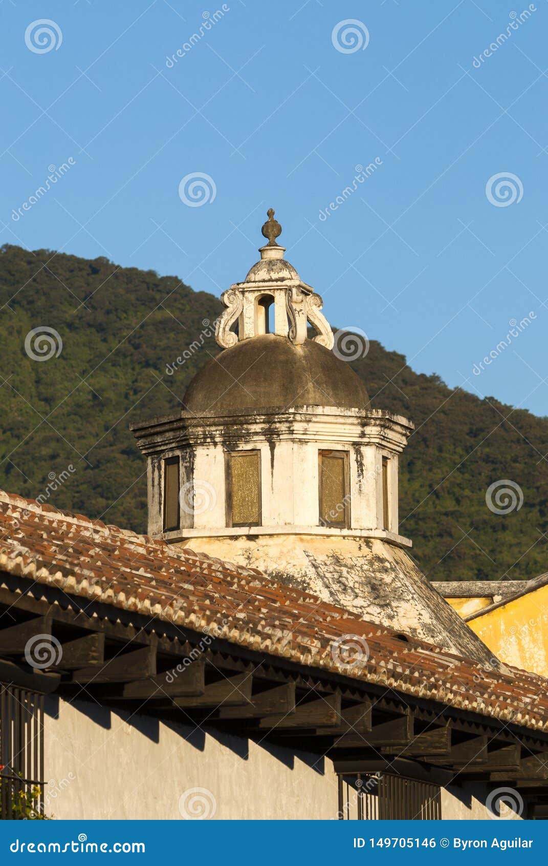 exterior detail of house in la antigua guatemala, wall and cupula colonial style in guatemala, central america.