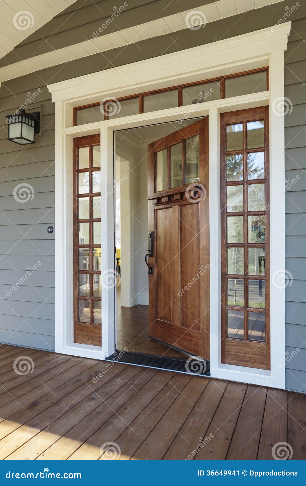 Exterior Shot of an Open Wooden Front Door Stock Image - Image of