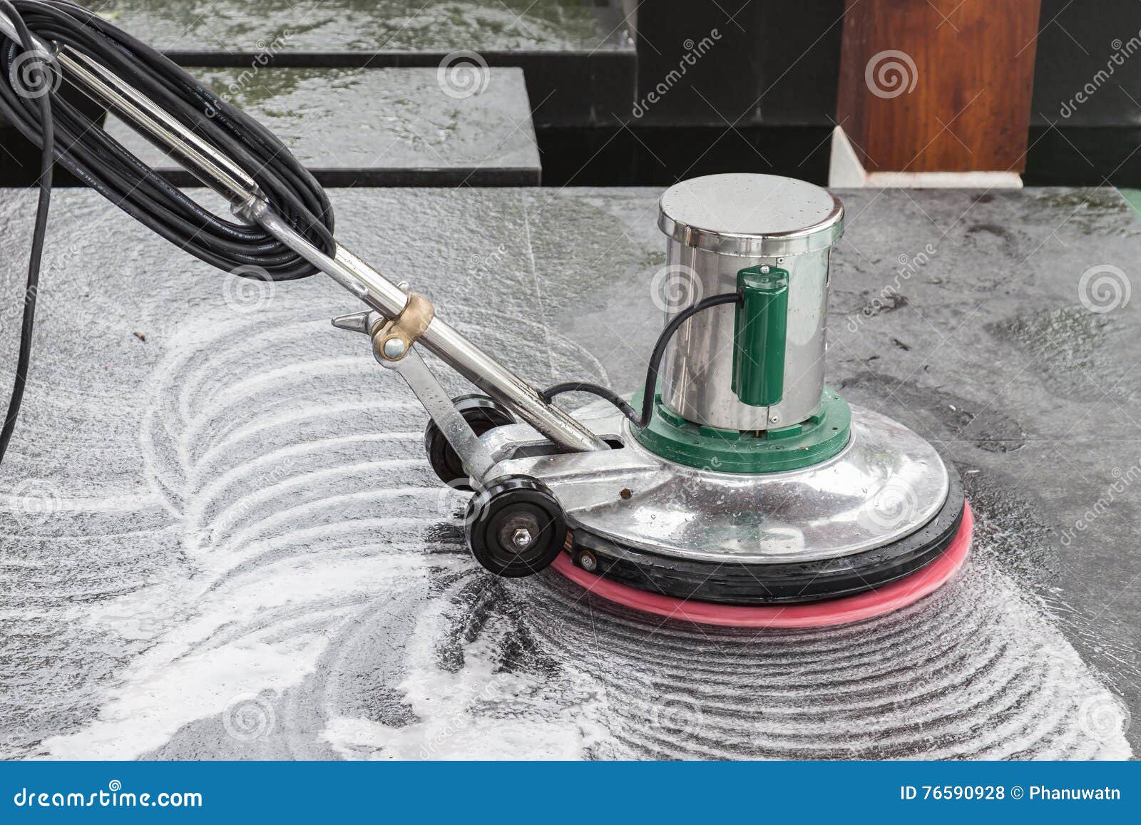 exterior stone floor cleaning with polishing machine and chemica