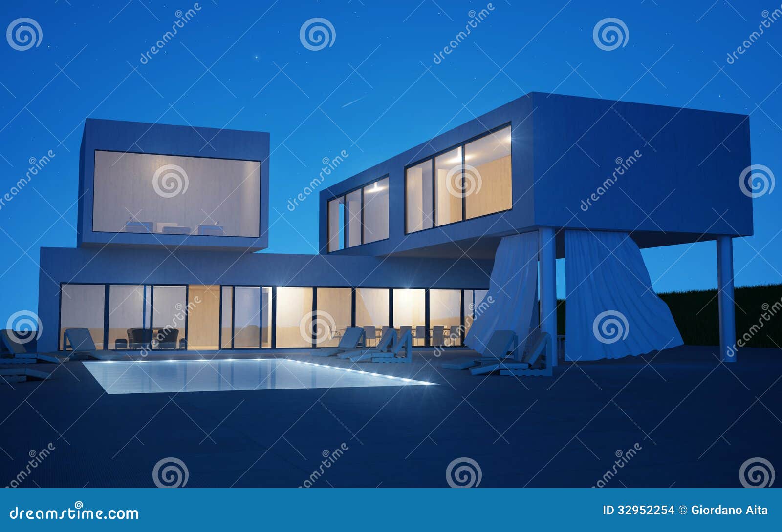 exterior villa with water pool in night time