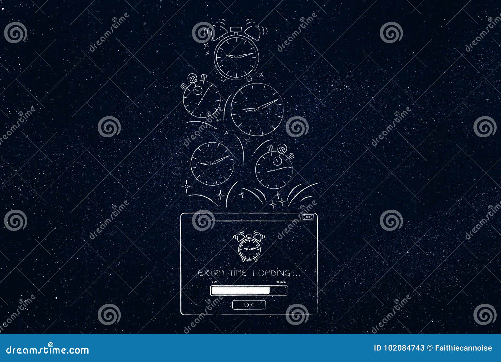 Extra Time Loading Popup with Progress Bar and Clocks Coming Out of it