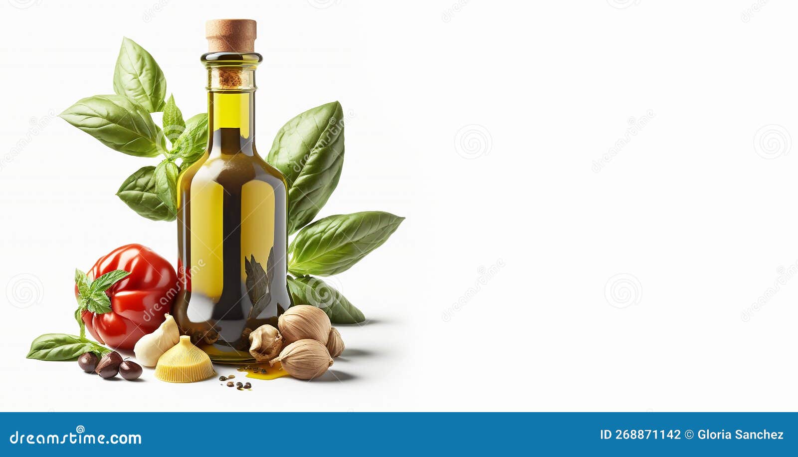 extra virgen olive oil bottle with fresh basil and garlic banner, olive oil from jaÃ©n andalusia spain, generative ai