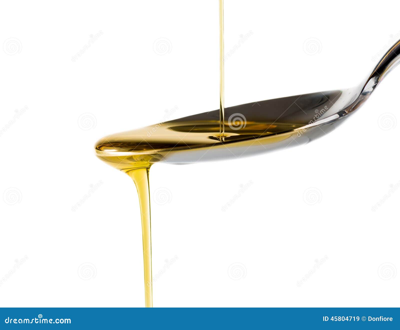 extra virgin olive oil pouring over a spoon  on white background