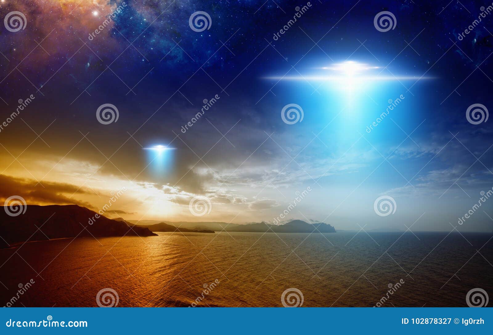 extraterrestrial aliens spaceship fly above sunset sea