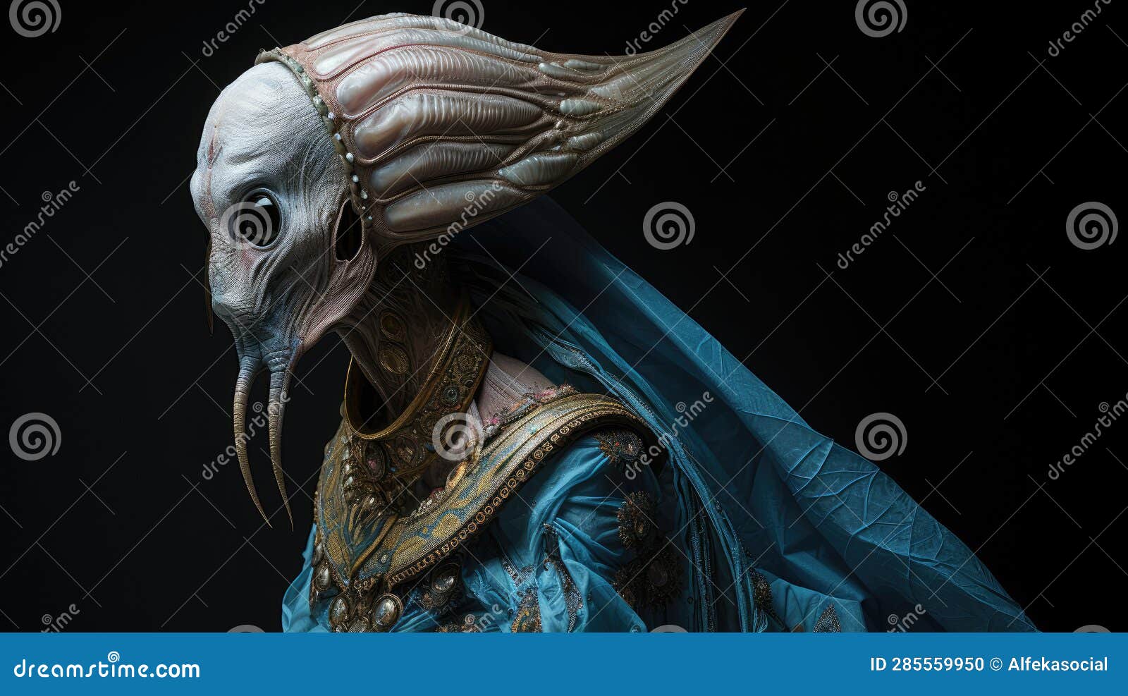 non-human biological alien creature in blue traditional suit, ufo concept. generative ai
