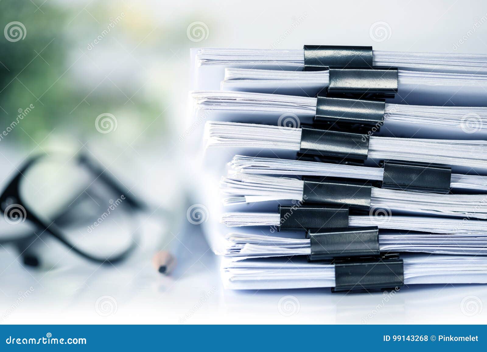 extreamly close up the stacking of office working document with