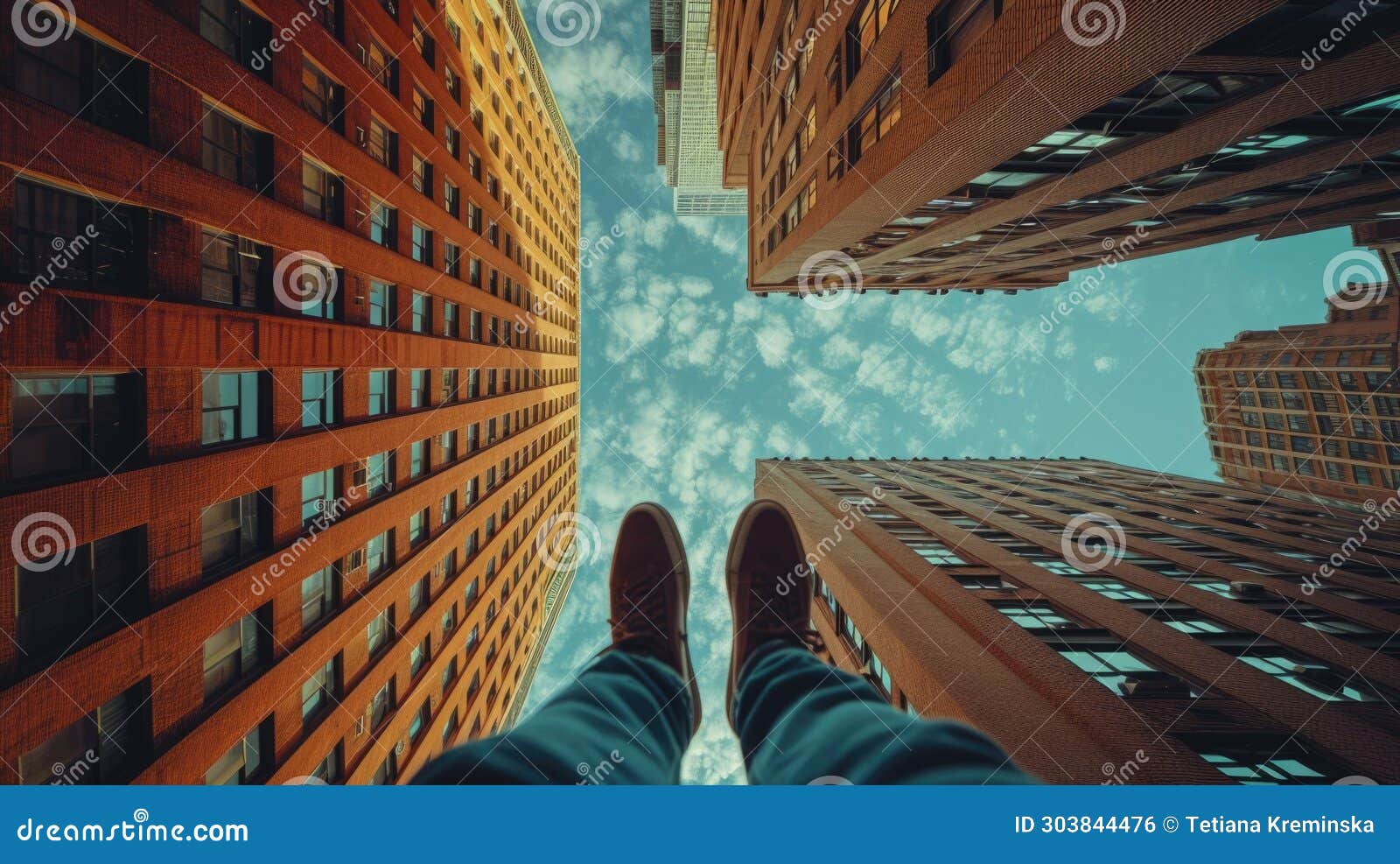 extreme angle shot looking down from a skyscraper, capturing a roofer& x27;s leg, creating a sense of scale under the