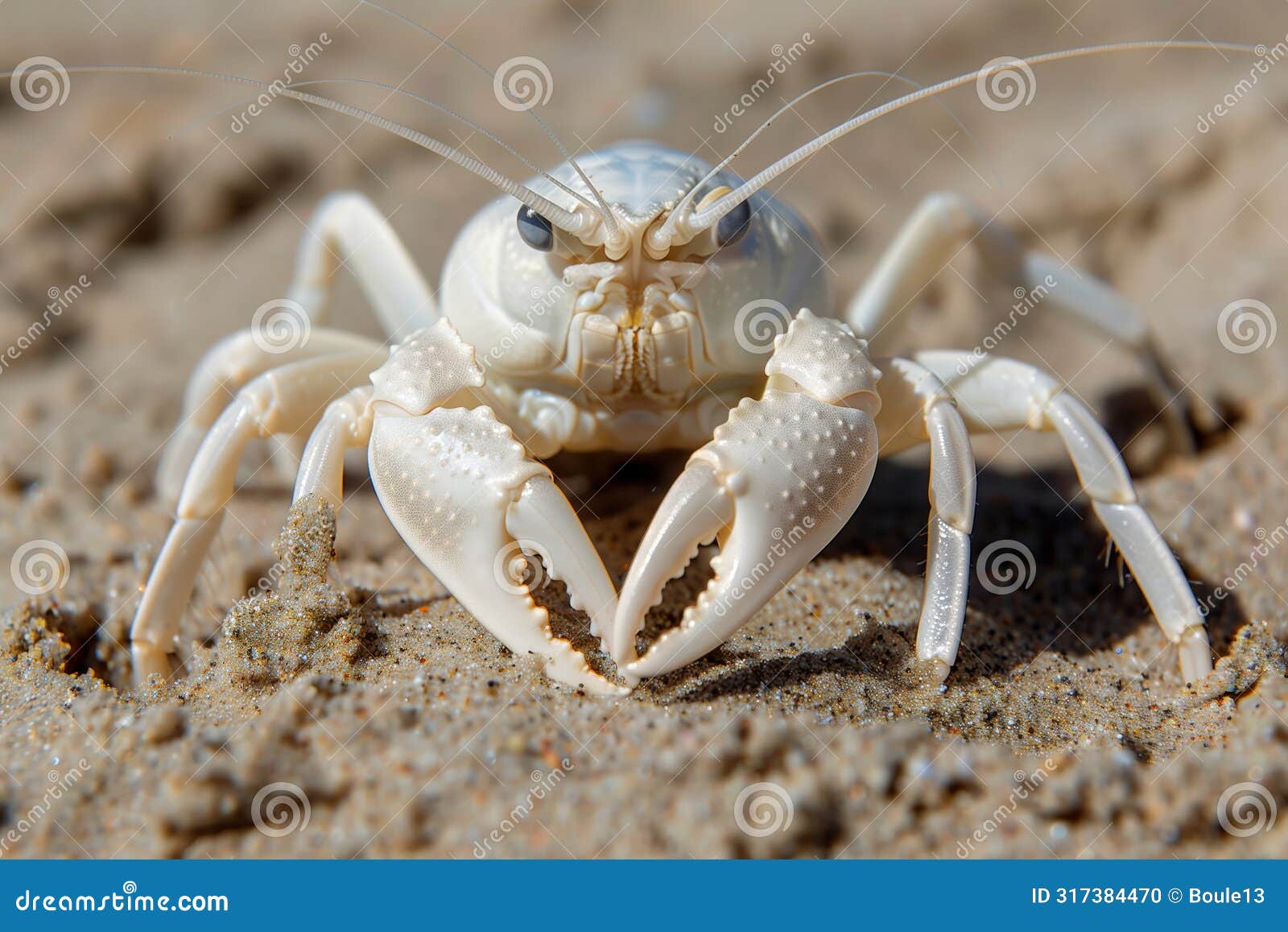extreme close-up of a ghost crab or crustacean on a sandy beach, sunny day