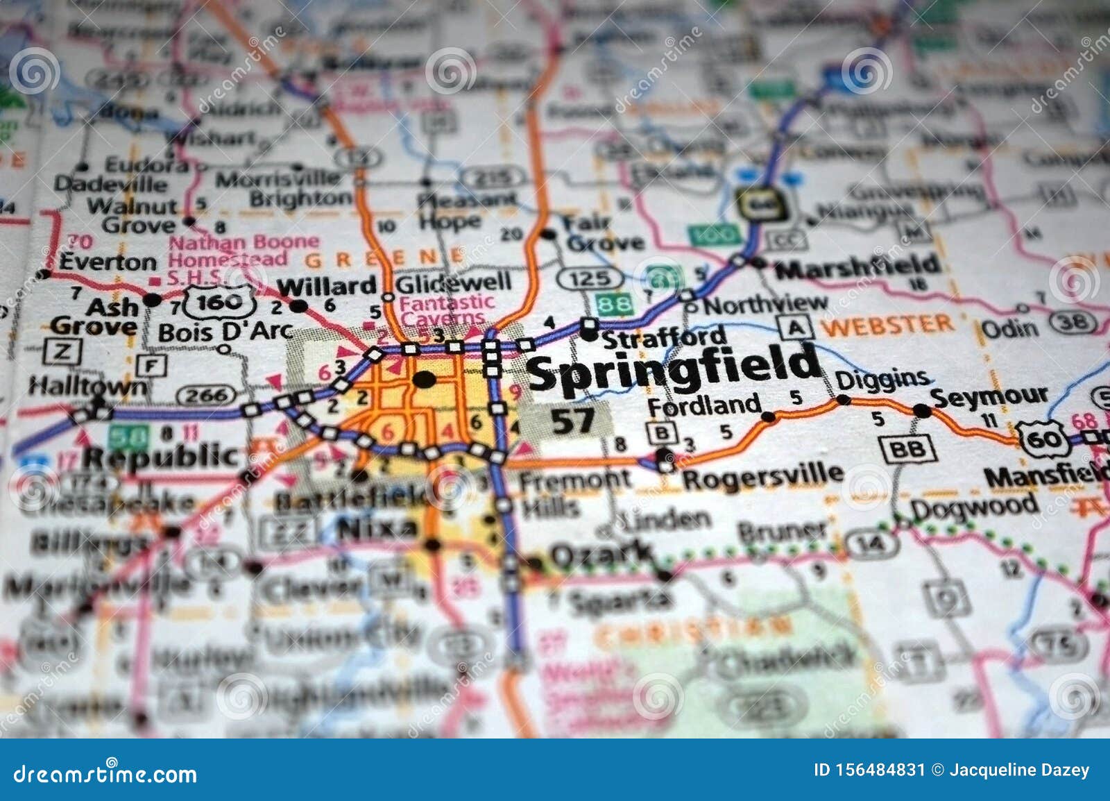 extreme close-up of springfield, missouri in a map
