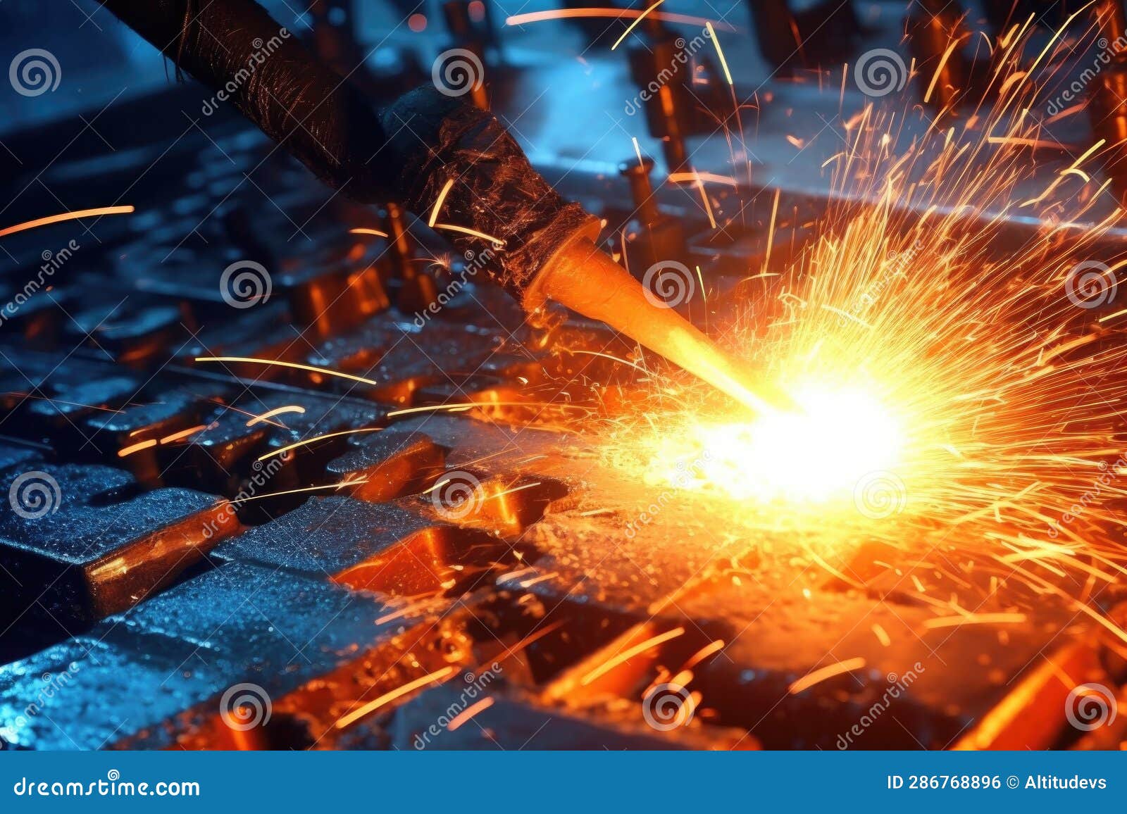 Extreme Closeup of Welding Electrode Creating Sparks Stock Photo