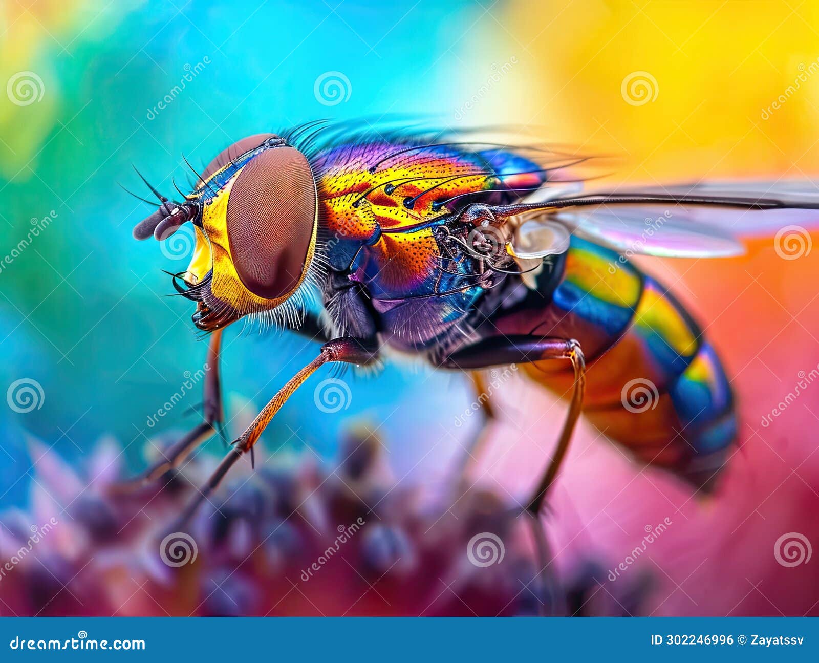 extreme macro image of colorful metallic hover fly - ornidia obesa.