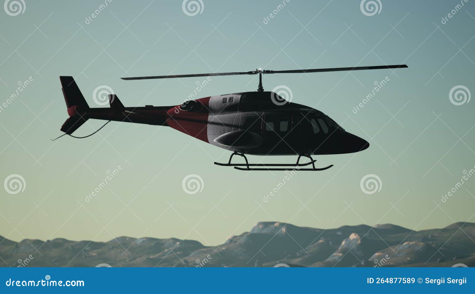 Extreme Slow Motion Flying Helicopter and Sunset Sky Stock Illustration