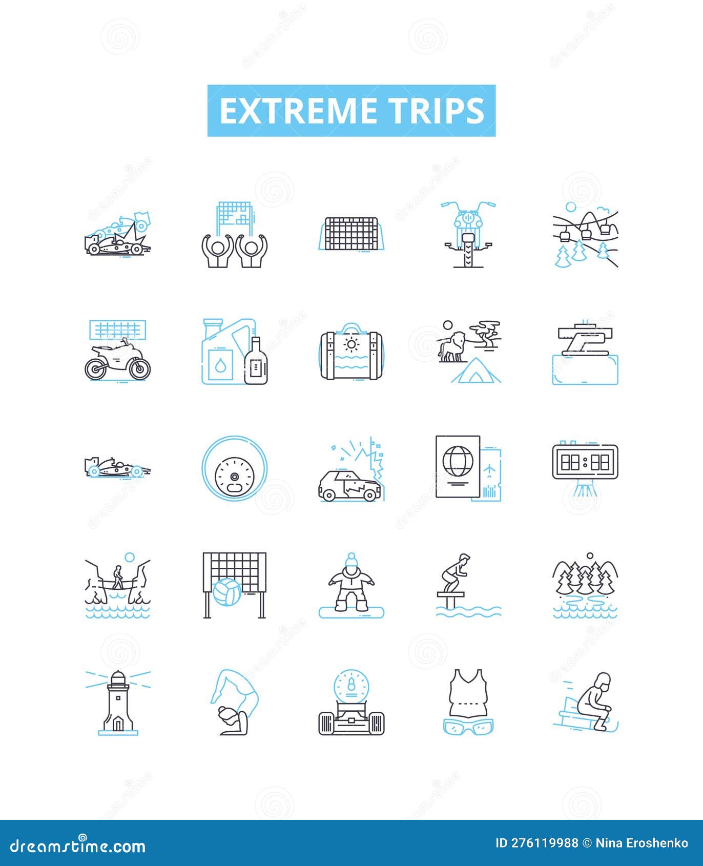 extreme trips  line icons set. adventures, thrills, extremities, expeditions, explorations, escapades, pioneering