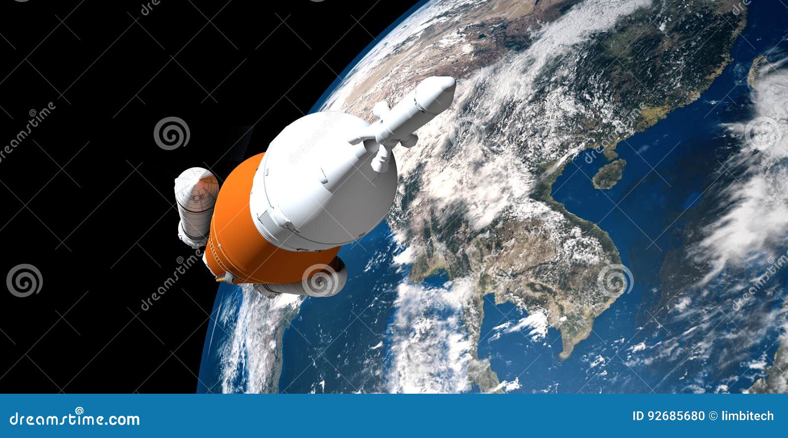 Extremely detailed and realistic high resolution 3D illustration of a Space Launch System SLS Rocket. Shot from Space. Elements of this image are furnished by Nasa.