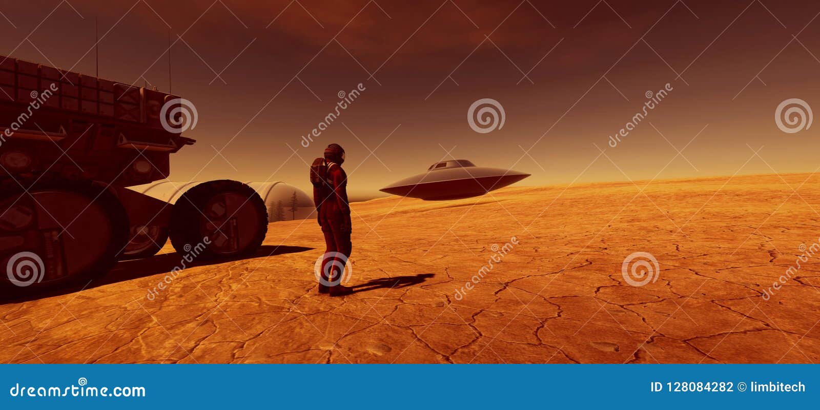 extremely detailed and realistic high resolution 3d  of an ufo flying saucer on a mars like planet