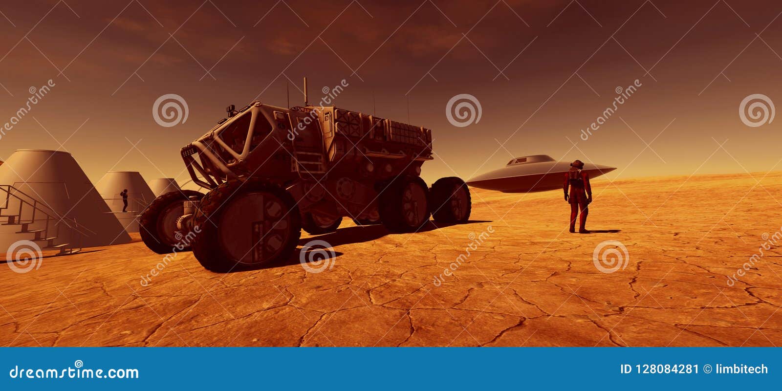 extremely detailed and realistic high resolution 3d  of an ufo flying saucer on a mars like planet