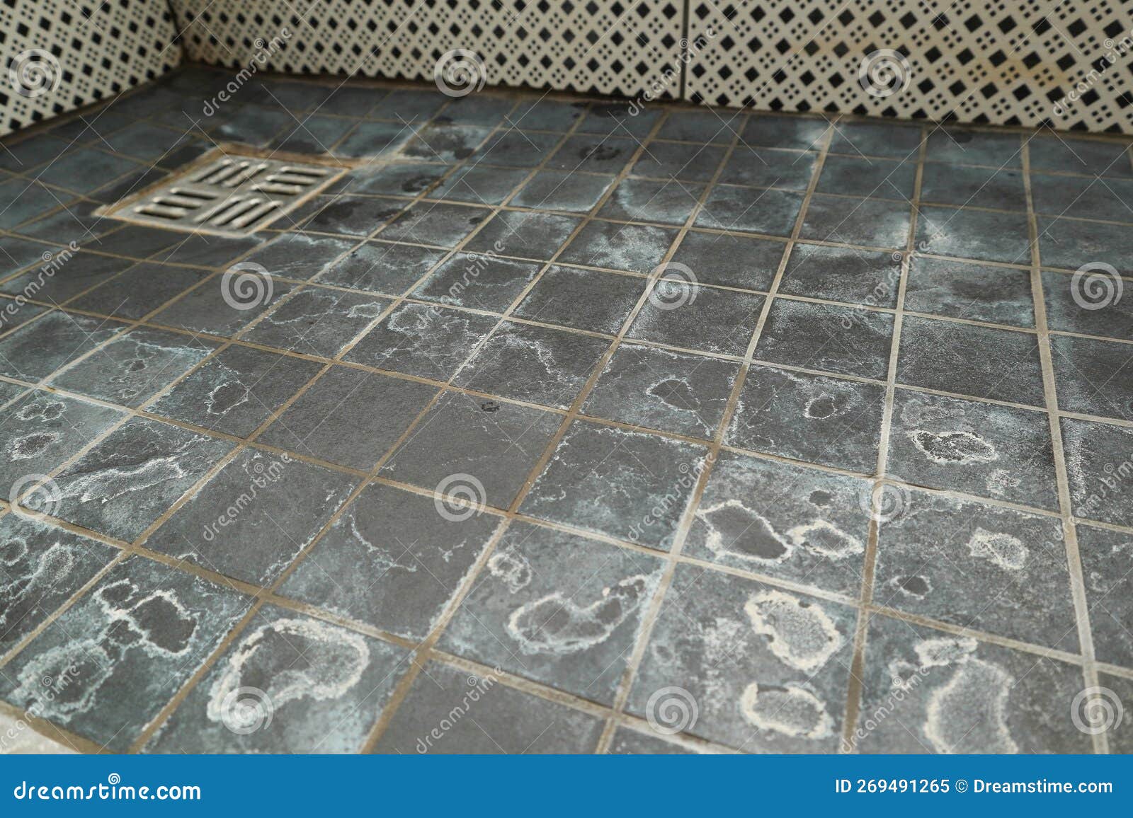 Extremely Dirty Bath Drain Mesh, Hole and Tiles Surface Covered with